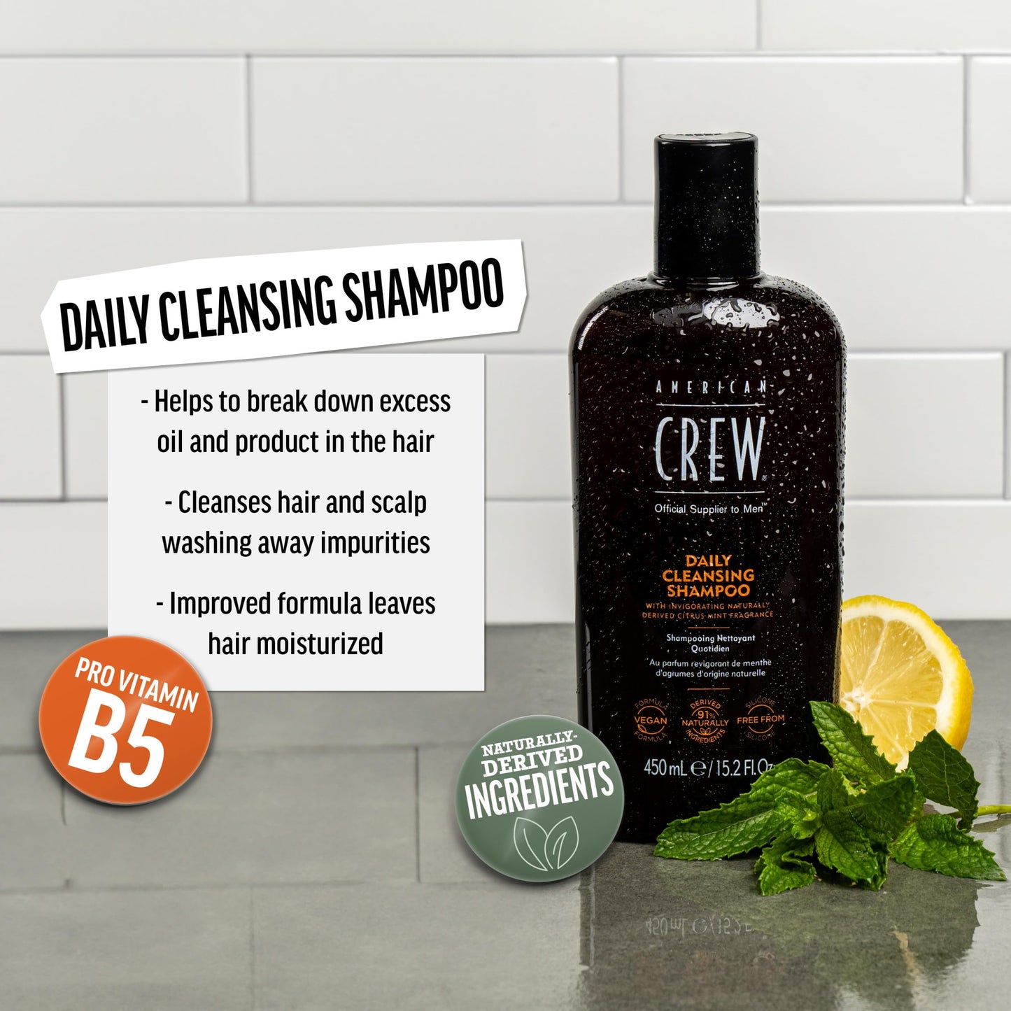 Light Gray American Crew Shampoo for Men, Daily Cleanser, Naturally Derived, Vegan Formula, Citrus Mint Fragrance, 33.8 Fl Oz