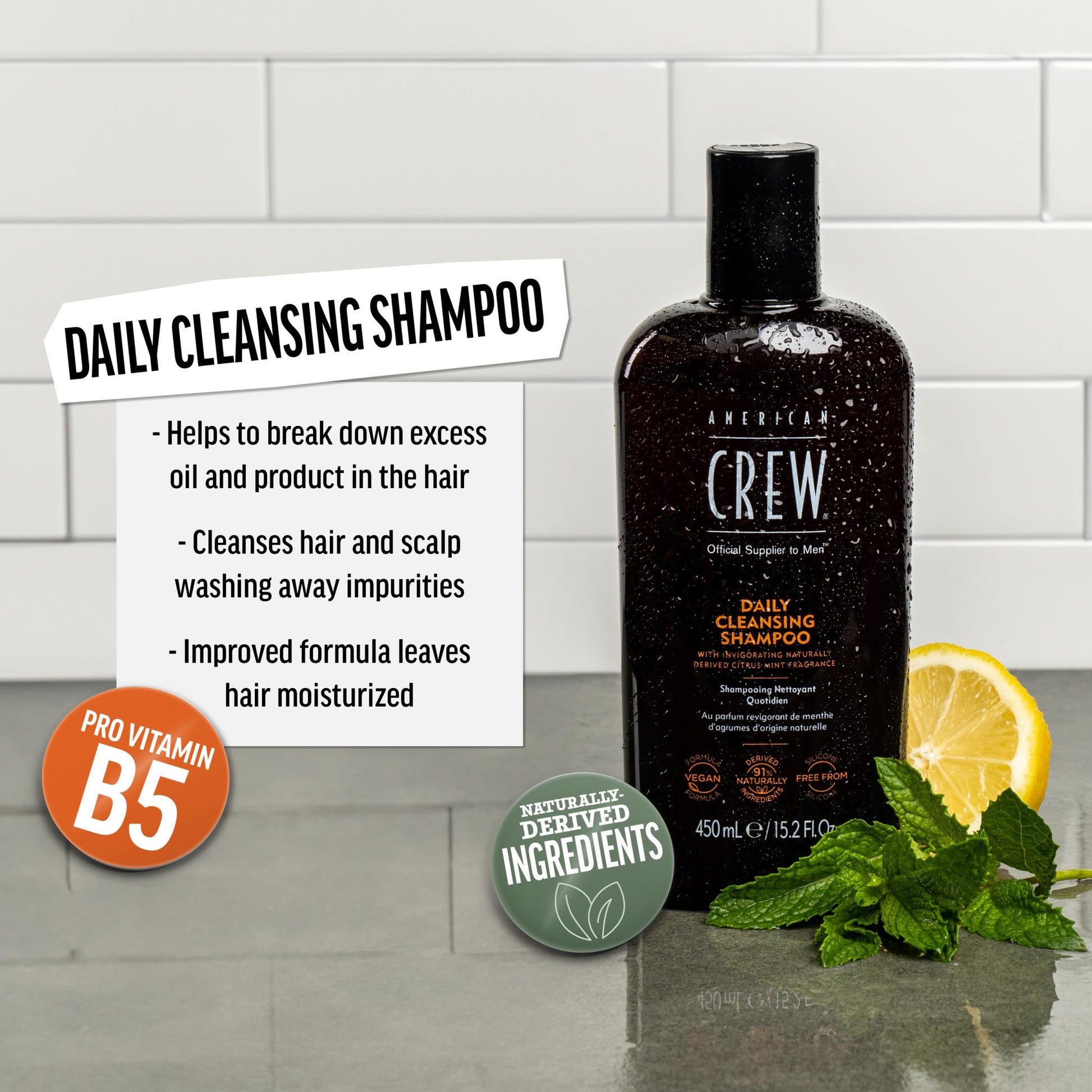 Light Gray American Crew Shampoo for Men, Daily Cleanser, Naturally Derived, Vegan Formula, Citrus Mint Fragrance, 33.8 Fl Oz