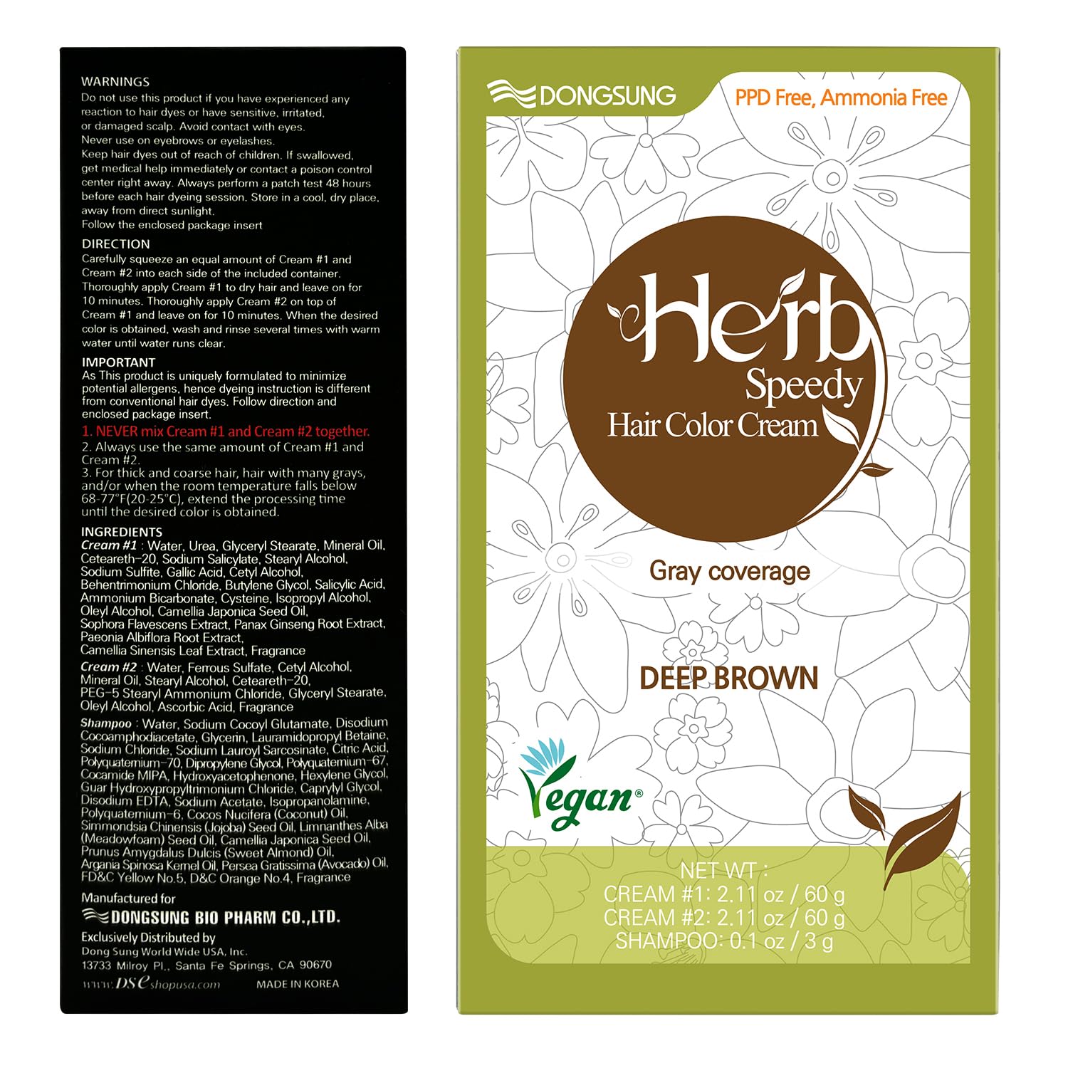 White Smoke Dongsung Herb Speedy Color Cream(Deep Brown, 3Pack) Korean Herbal Vegan Hair Dye PPD-Free Ammonia-Free Hypoallergenic 100% Gray Coverage, Odorless, Dermatologically Tested, Quick 20-Minute Application