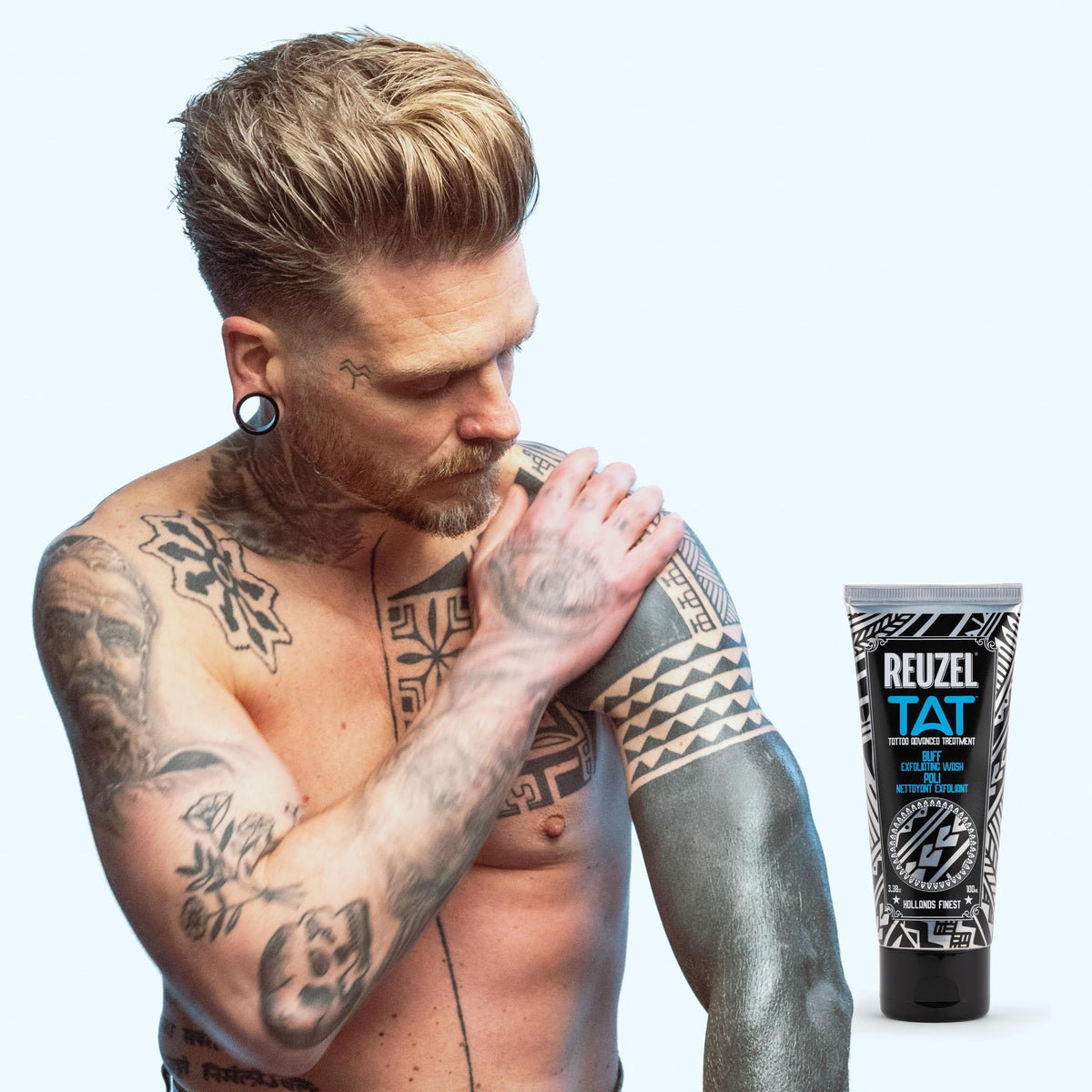 Alice Blue REUZEL Buff Exfoliating Wash, Gentle Tattoo Cleanser Scrub, Brightens, Smooths, Reveals Definition and Color, Non-Damaging, Vegan Formula, 3.38 oz