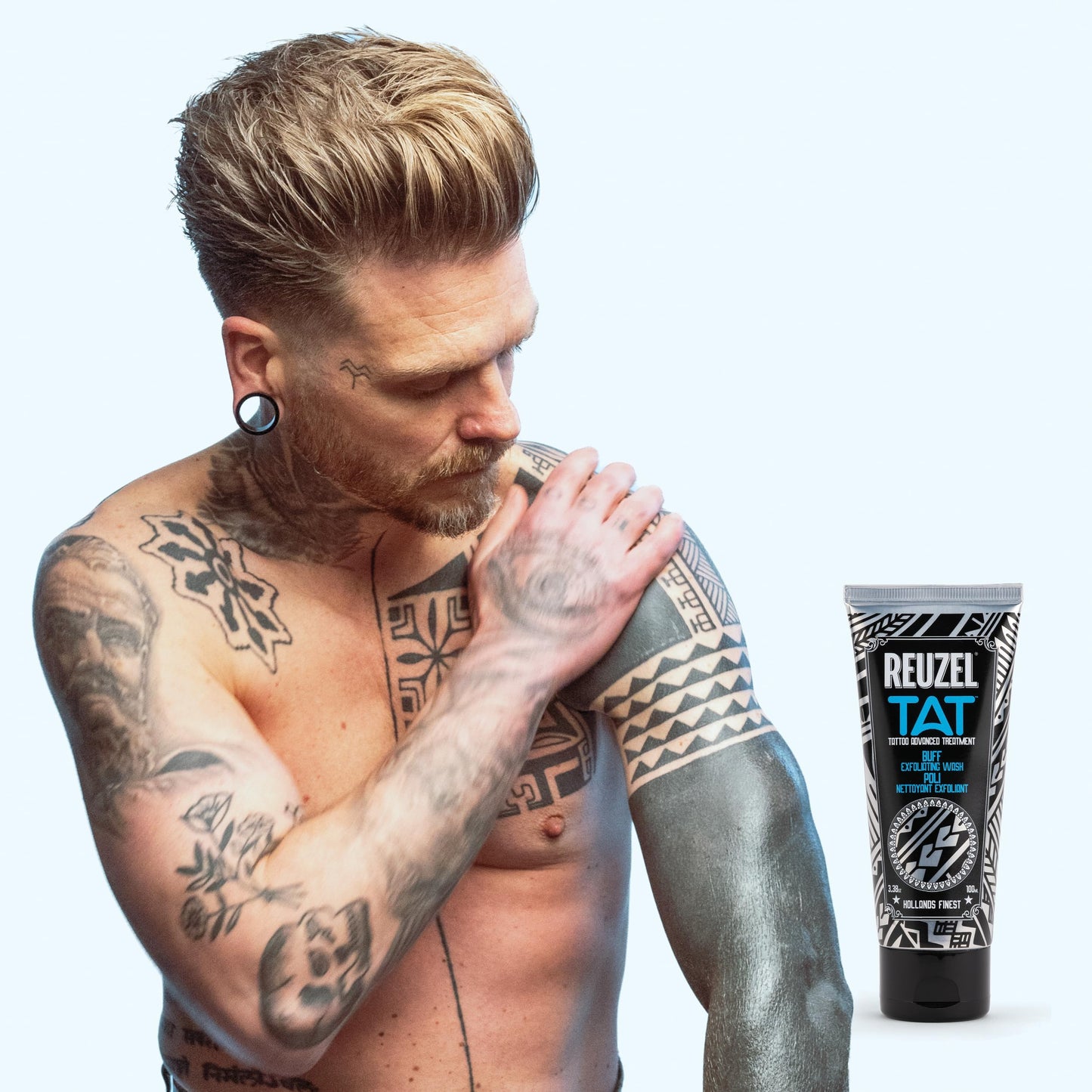 Alice Blue REUZEL Buff Exfoliating Wash, Gentle Tattoo Cleanser Scrub, Brightens, Smooths, Reveals Definition and Color, Non-Damaging, Vegan Formula, 3.38 oz