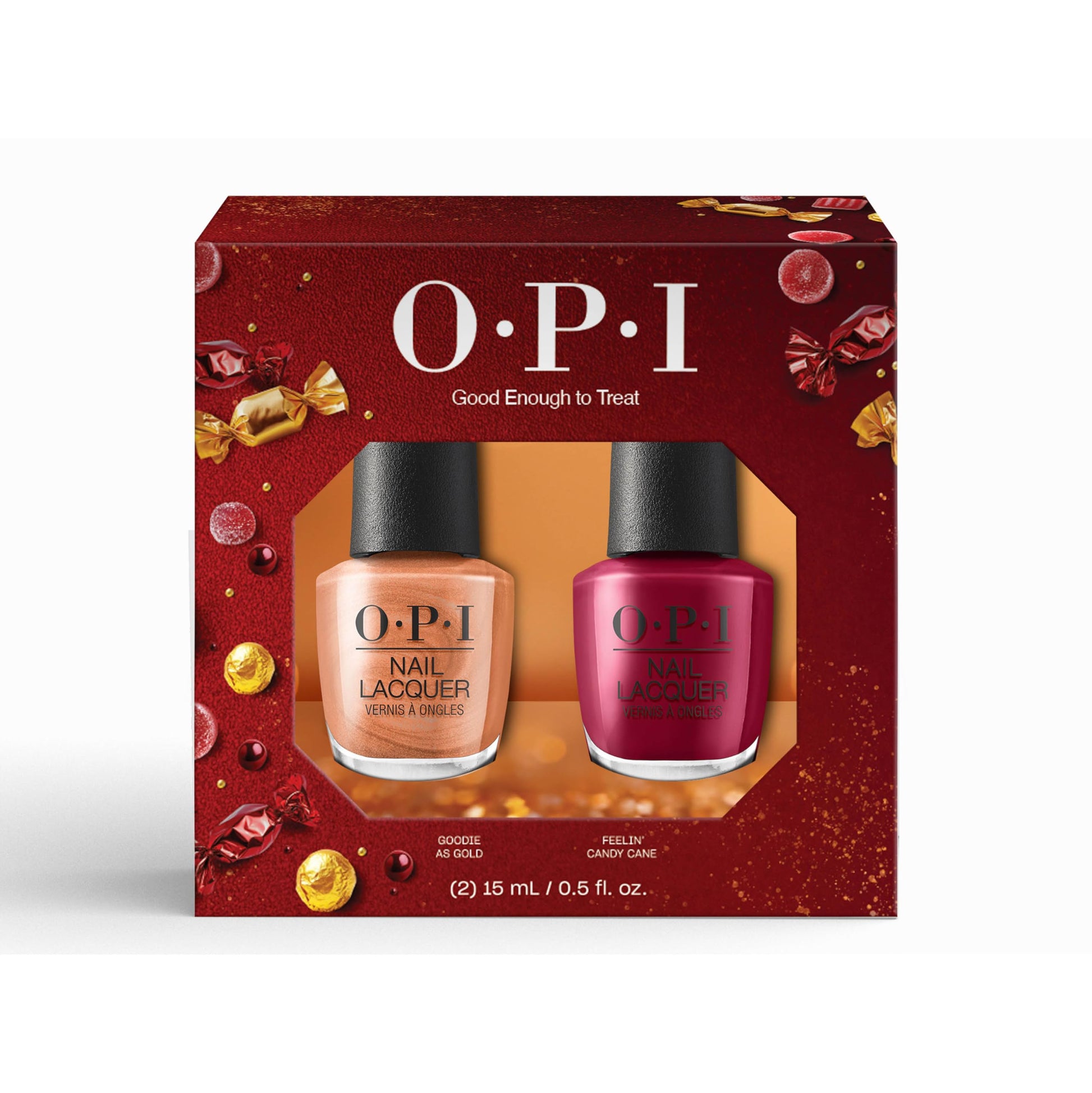 White Smoke OPI Nail Lacquer Duo Pack - Goodie as Gold & Feelin' Candy Cane | 2pc Golden Shimmer and Burgundy Red Chip Resistant Nail Polish | Amazon Exclusive | Holiday Shades 2025