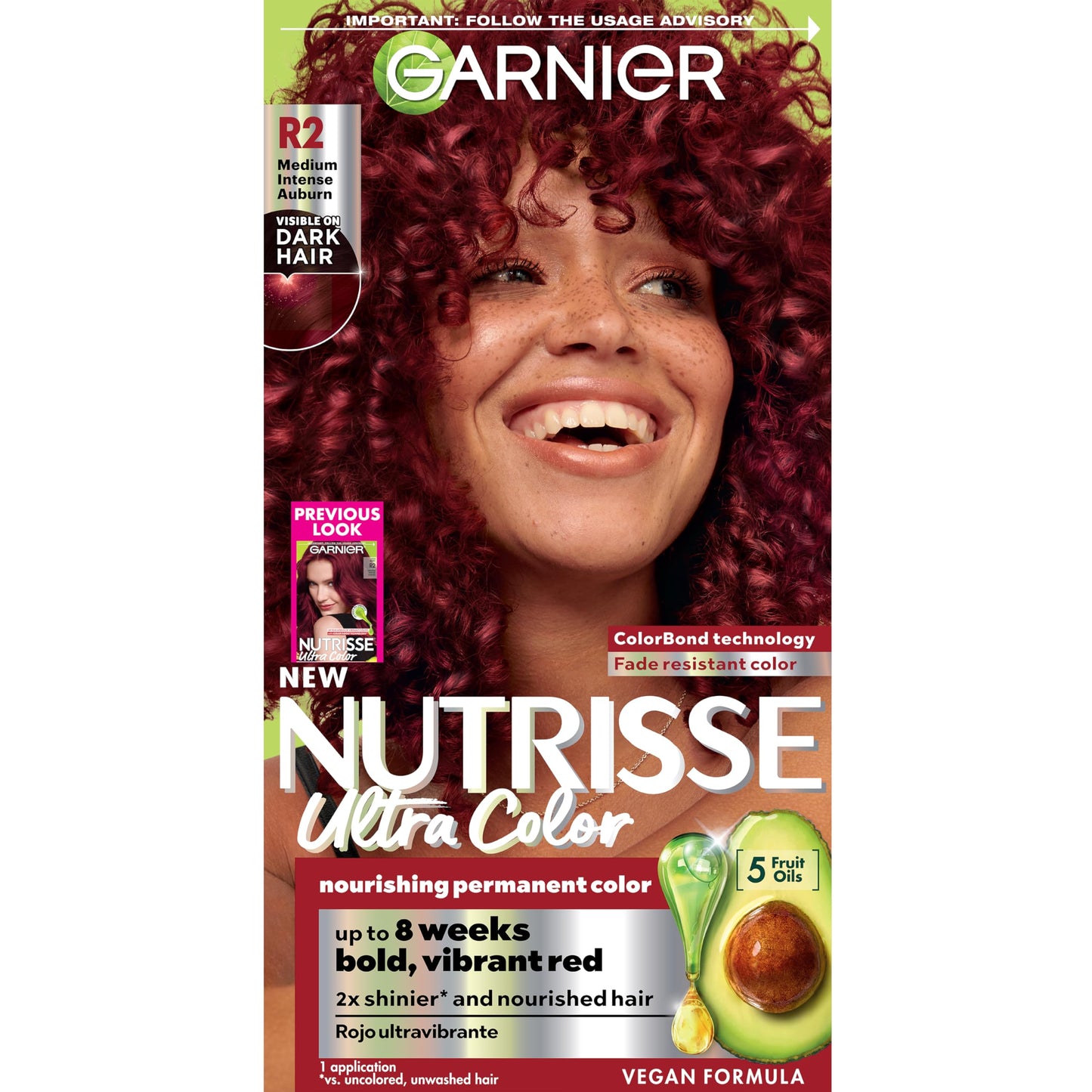Black Garnier Nutrisse Ultra Color Hair Color, Permanent Hair Dye for Up to 8 Weeks of Bold, Vibrant, Fade-Resistant Results, Vegan & Cruelty-Free, R2 Medium Intense Auburn (Goji Berry), 1 Count