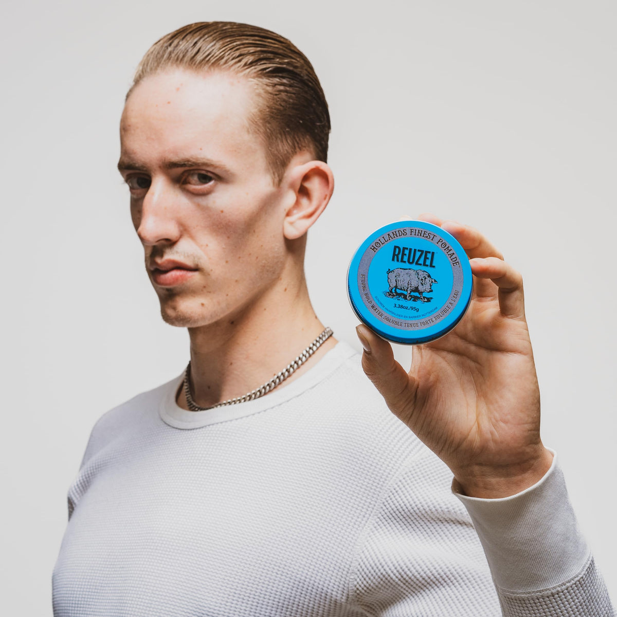 Light Gray REUZEL Blue Pomade, Strong All Day Hold, Water Soluble Styling, High Shine and Flake Free, Easy To Wash Out, For All Hair Types