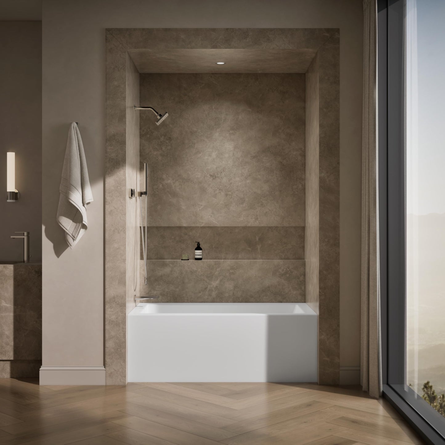 Dark Olive Green Kohler K-20202-LA Underscore 60" Soaking Bathtub for Three Wall Alcove Installation with Left Drain and 68 Gallon Water Capacity - White