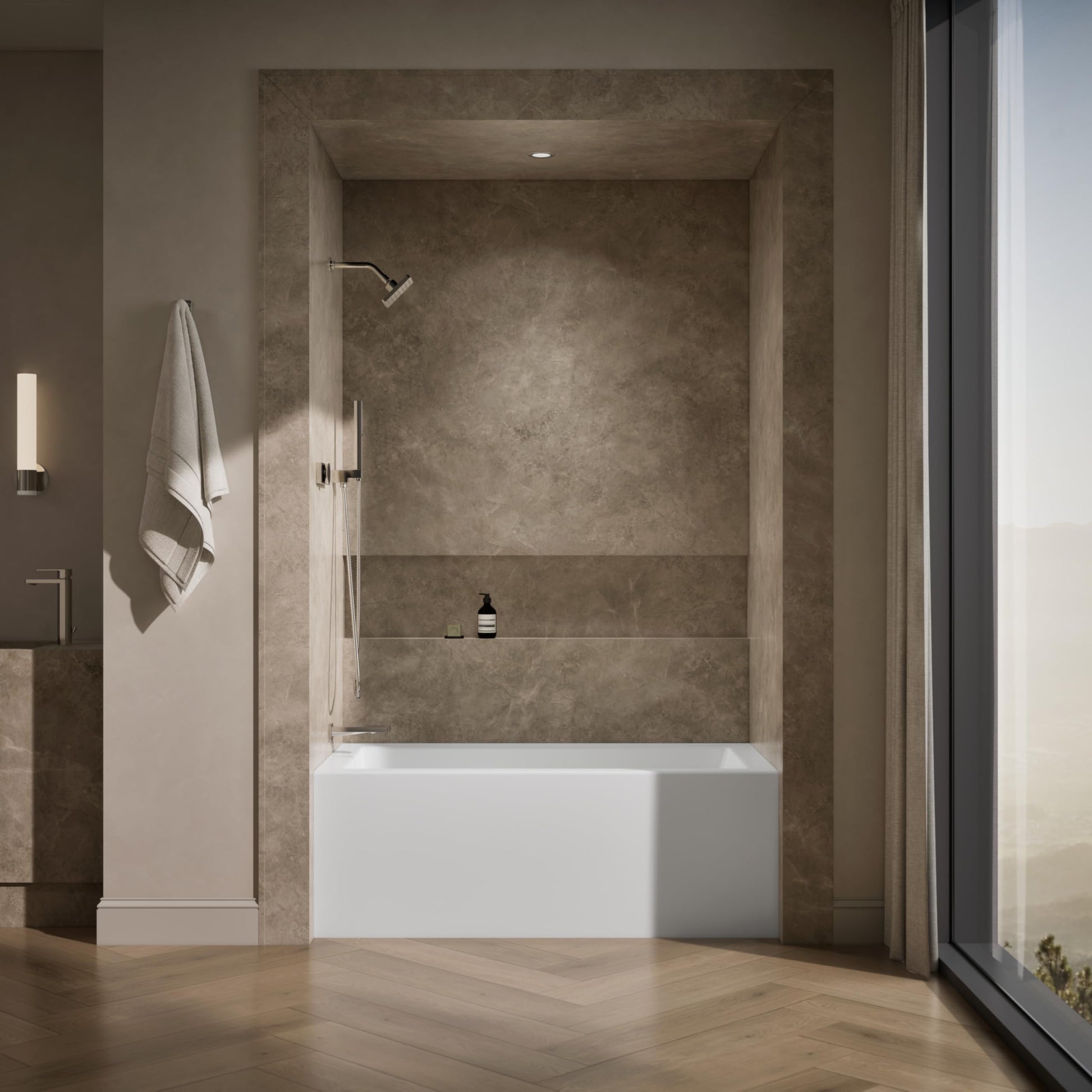 Dark Olive Green Kohler K-20202-LA Underscore 60" Soaking Bathtub for Three Wall Alcove Installation with Left Drain and 68 Gallon Water Capacity - White