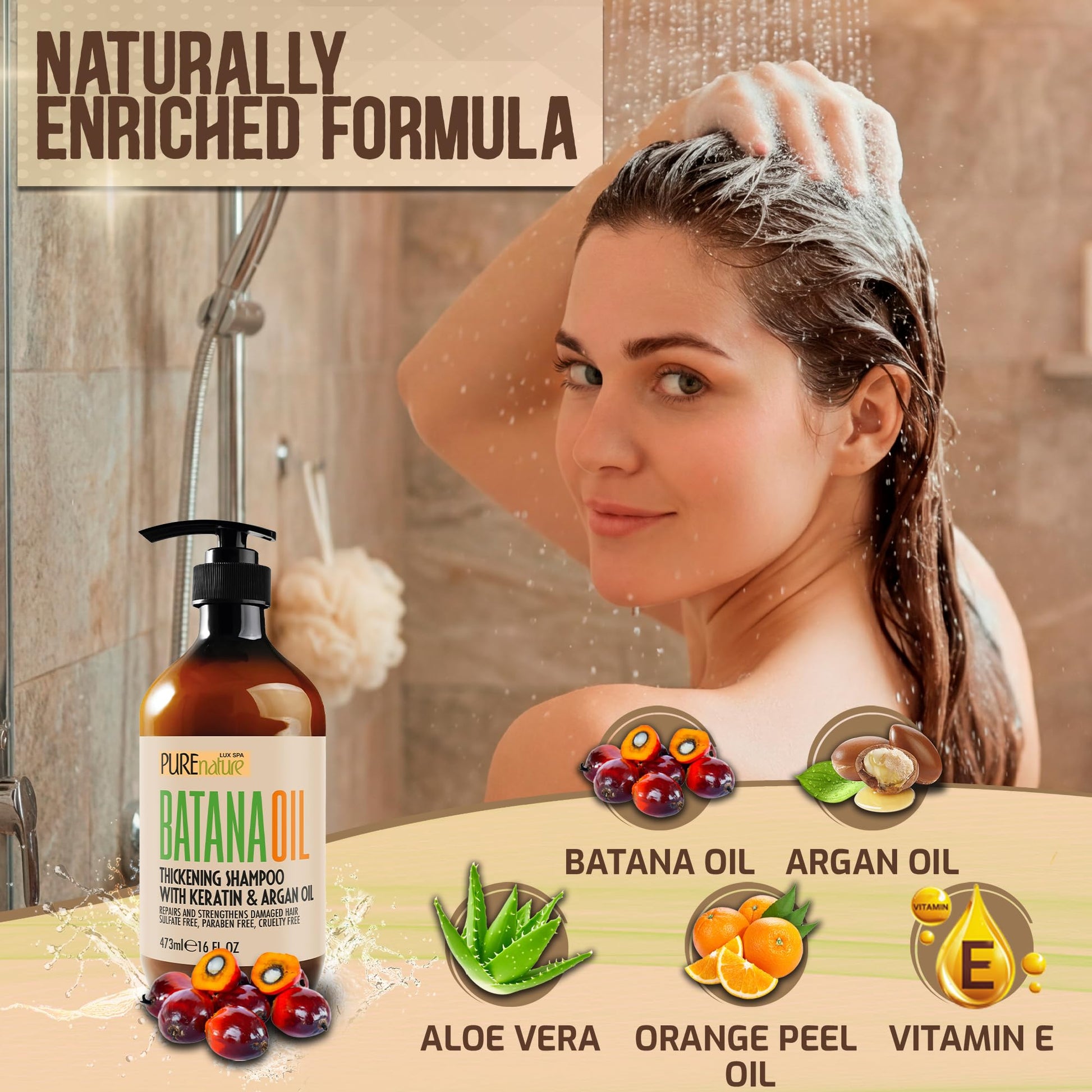 Rosy Brown Batana Oil Shampoo - Sulfate Free Thickening Formula - Paraben Free Volumizing Shampoo for Thinning, Fine Hair - Professional Volume Boosting Salon Care for Women and Men with Thin Hair - 16 Fl Oz