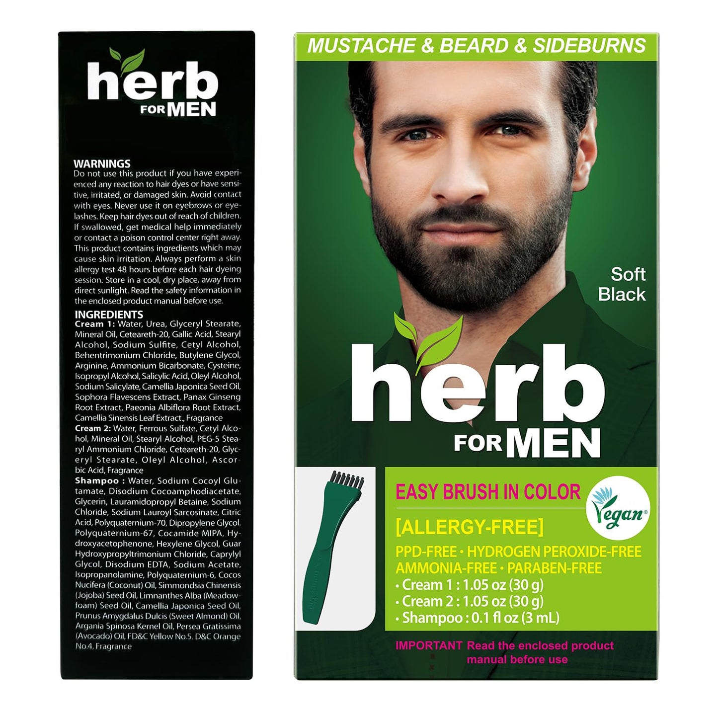 Dark Slate Gray Herb For Men Mustache & Beard Dye (Soft Black, 1 Pack), PPD-Free Ammonia-Free, Vegan with Natural Ingredients, Gentle for Sensitive Skin, No Skin Irritation