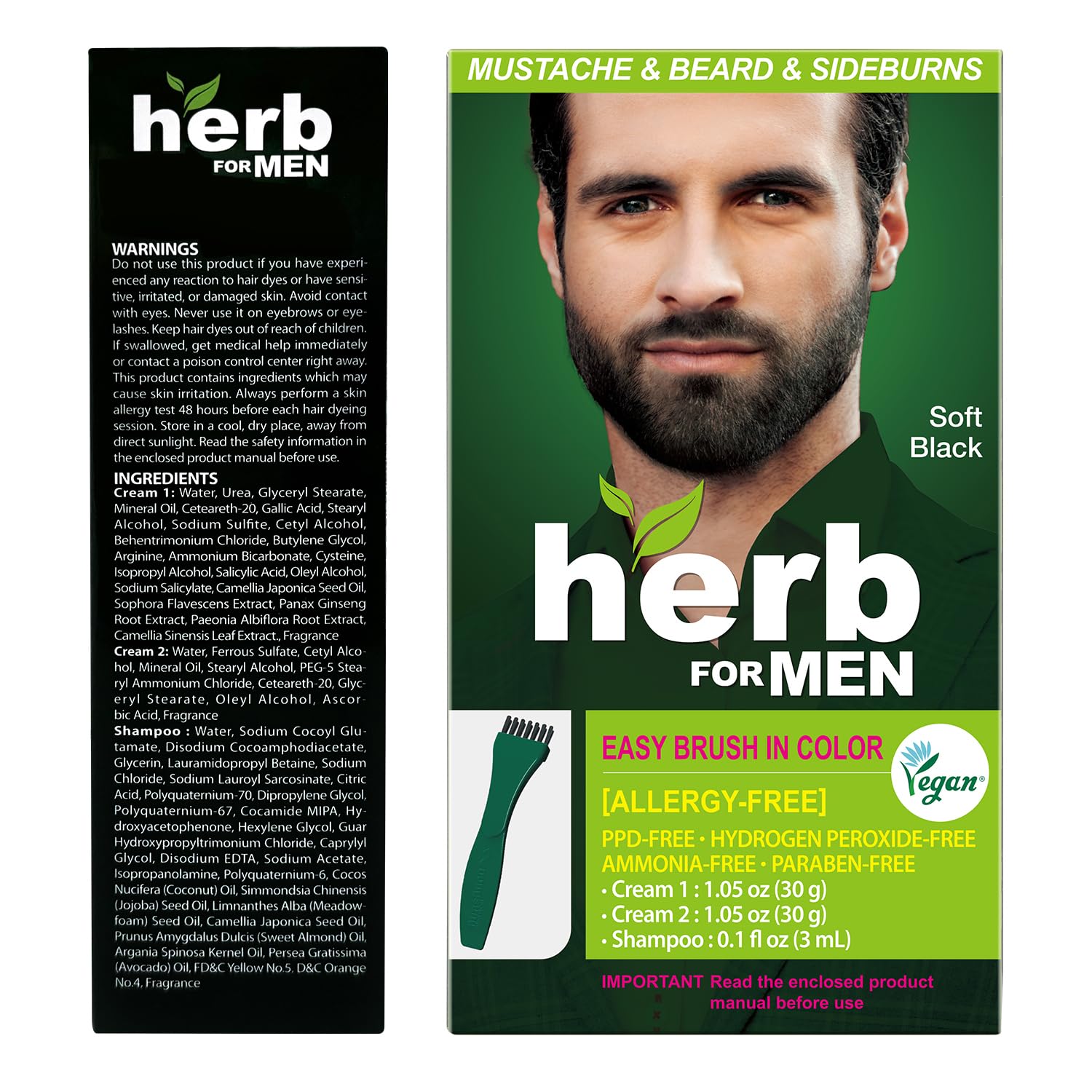 Dark Slate Gray Herb For Men Mustache & Beard Dye (Soft Black, 1 Pack), PPD-Free Ammonia-Free, Vegan with Natural Ingredients, Gentle for Sensitive Skin, No Skin Irritation