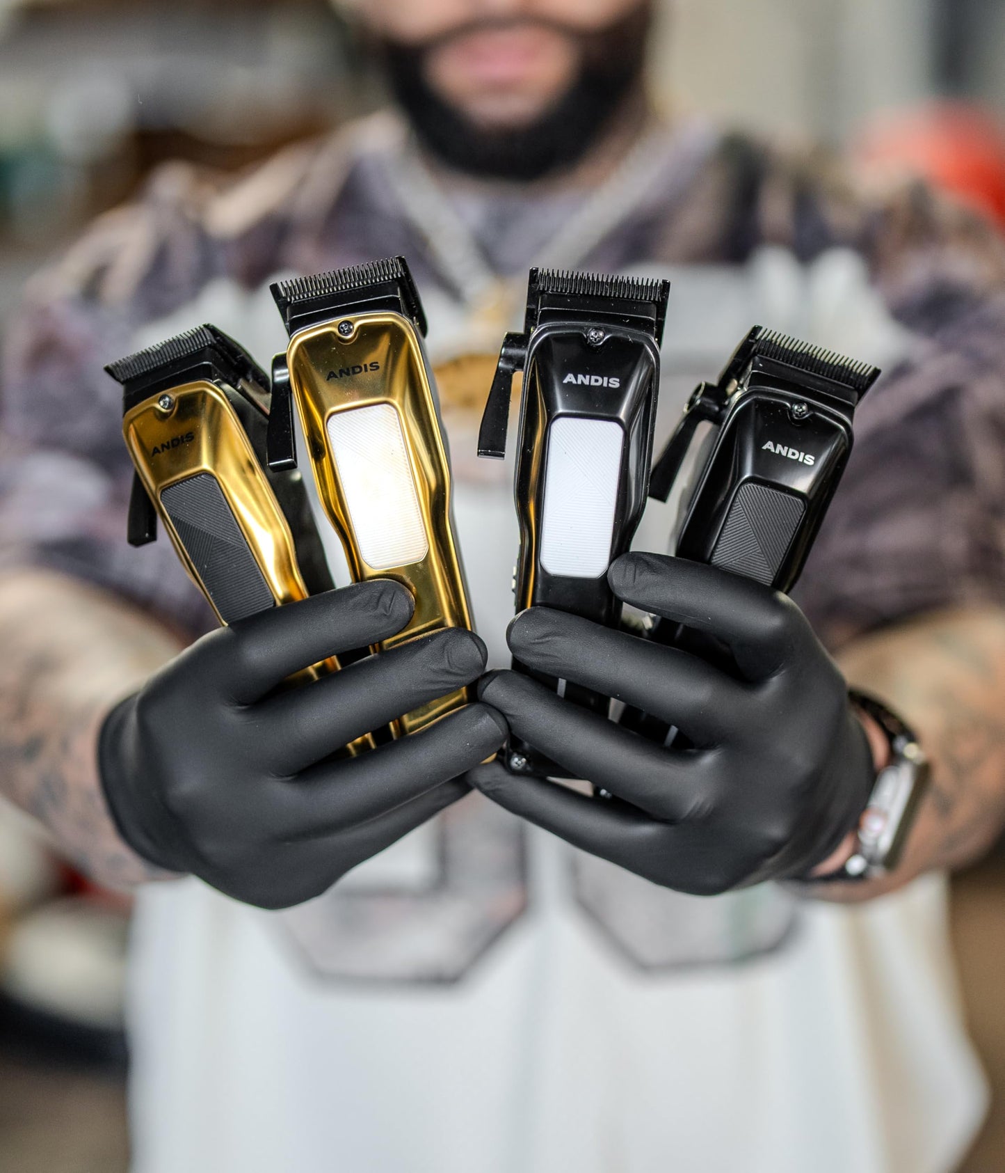 Light Gray Andis 562312 Phenom Professional Corded/Cordless Hair Clipper, Adjustable Phaze Blade, Close Cutting, Gold