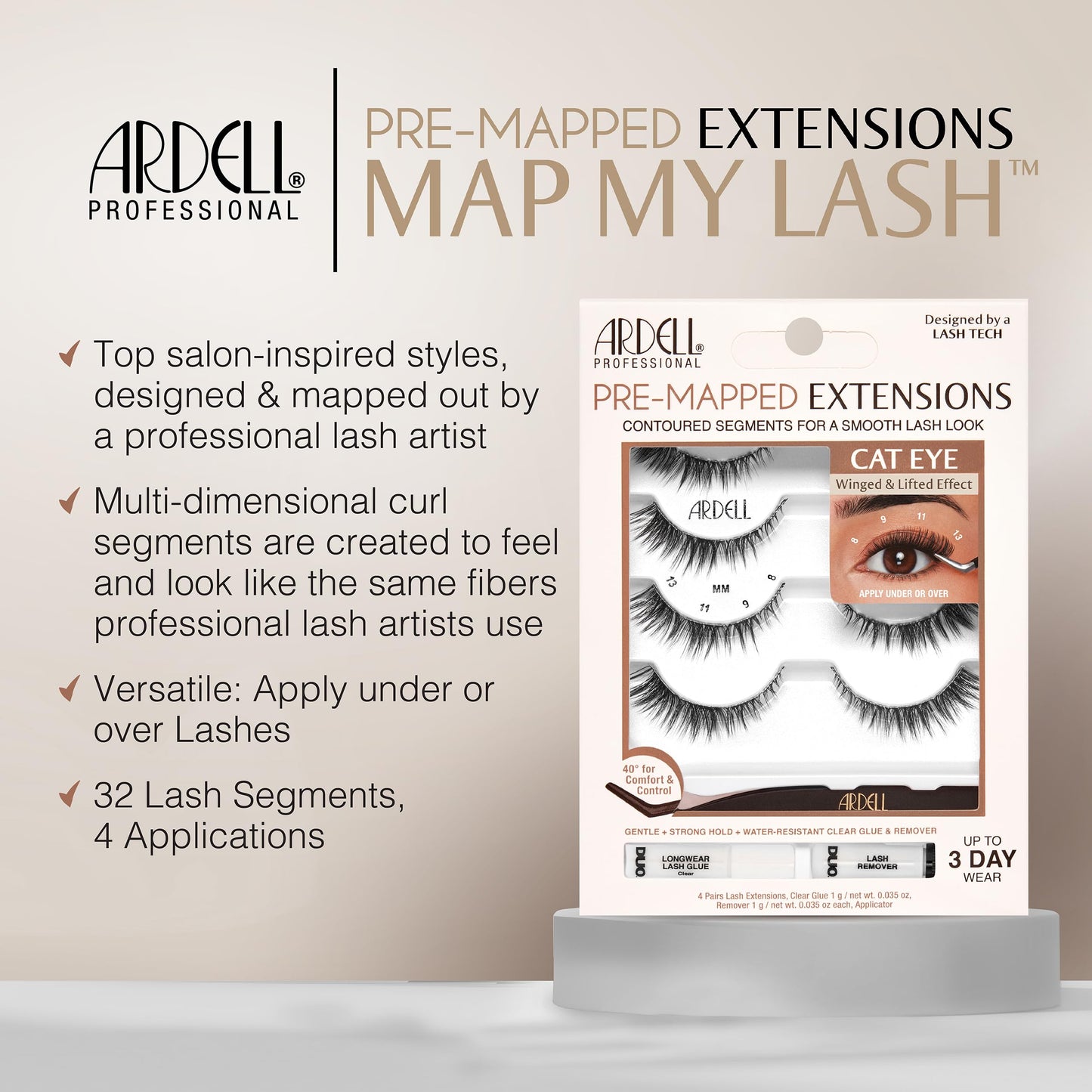 Light Gray Ardell Pre-Mapped Eyelash Extensions Kit - False Lashes Cat Eye, Reusable Segmented Lash Strips, Long-Lasting with Lash Glue and Remover, 4-Pack