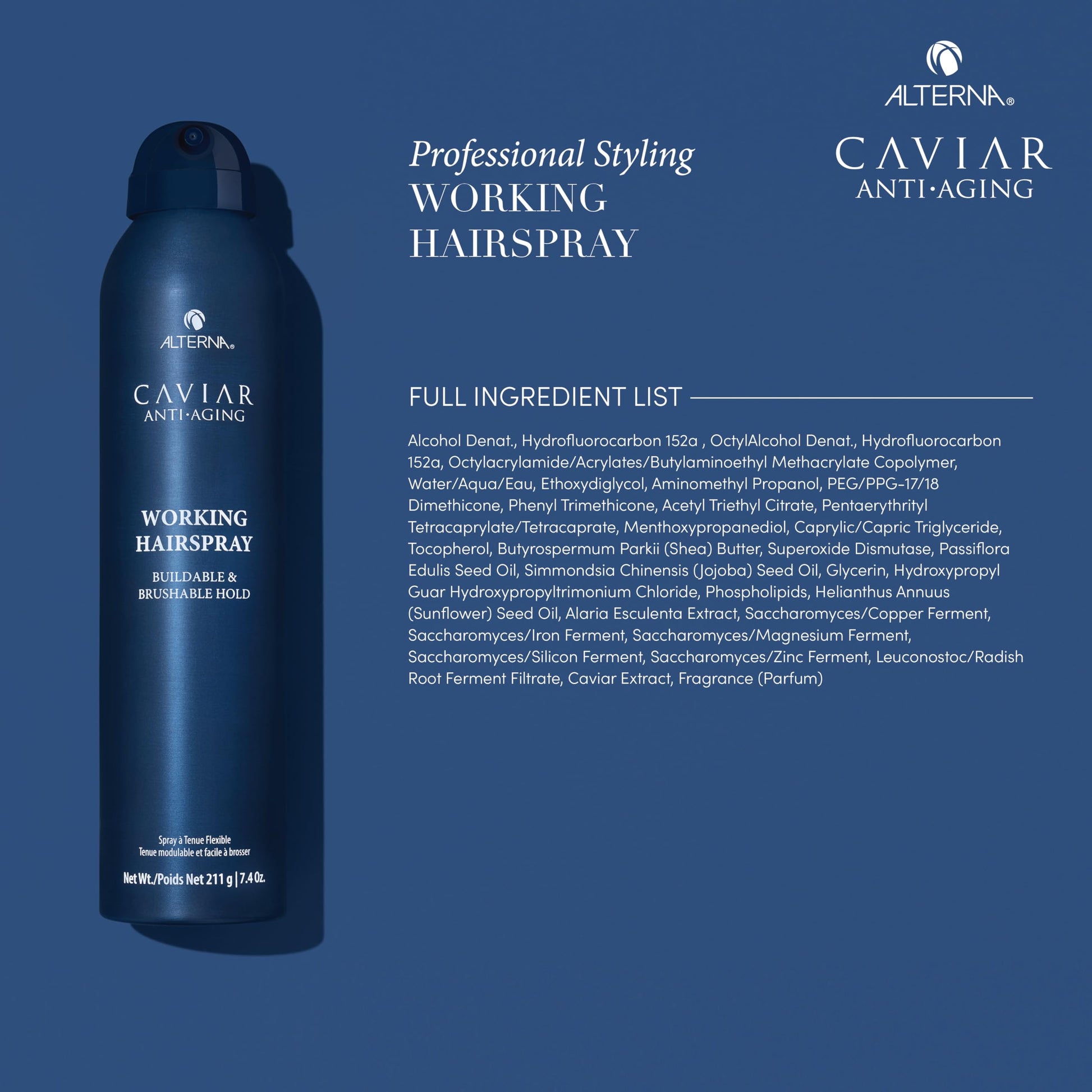 Dark Slate Blue Alterna Caviar Working Hairspray | Buildable, Brushable Hold | Helps Control Frizz & Adds Shine | Sulfate Free, 7.4 Fl Oz (Packaging May Vary)