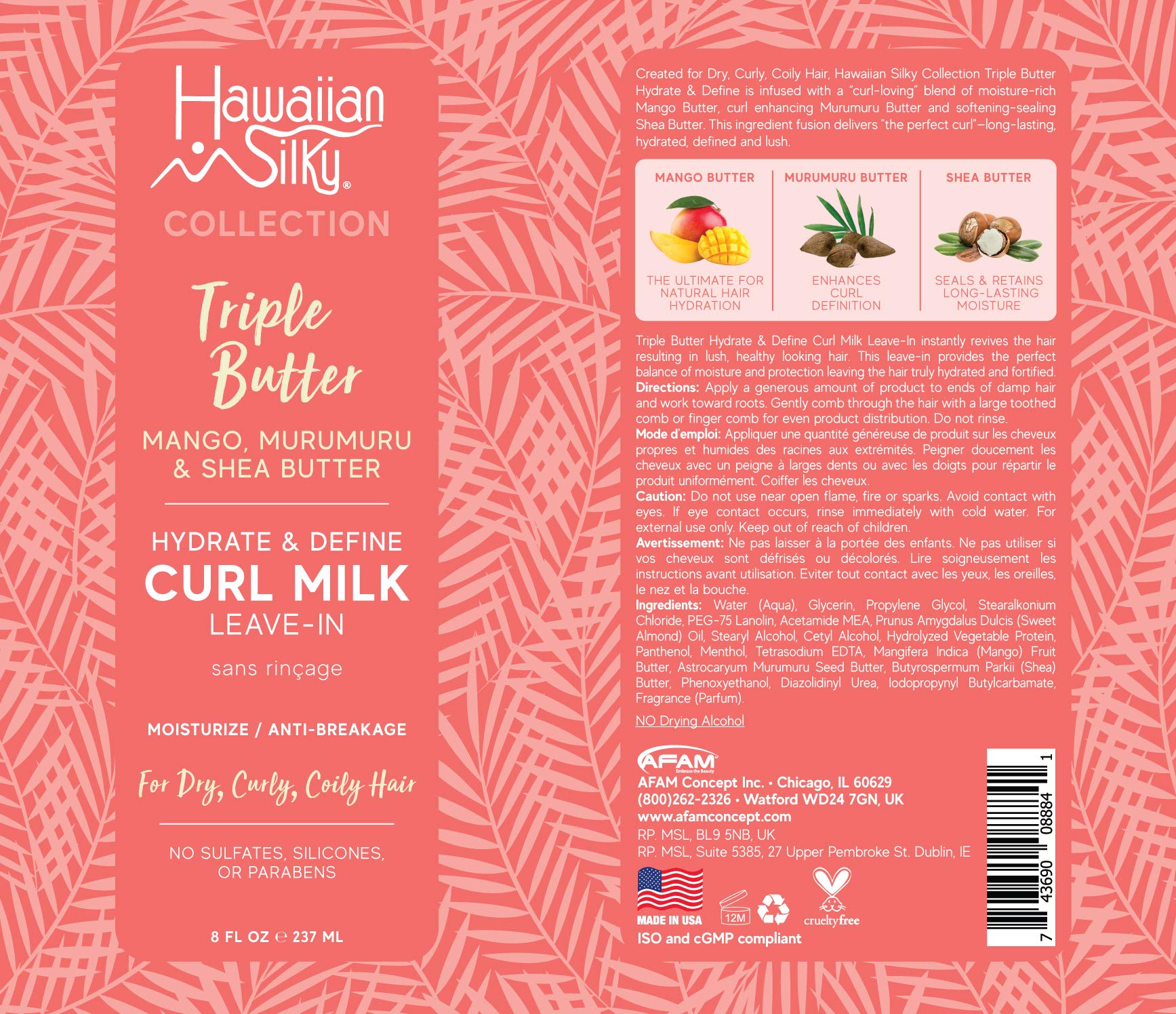 Light Coral Hawaiian Silky Mango and Murumuru Butter Leave-In Curl Milk, 8 fl oz with Shea Butter for Moisture & Anti-Breakage | No Sulfate, Silicones or Parabens | Hawaiian Silky Triple Butter Collection