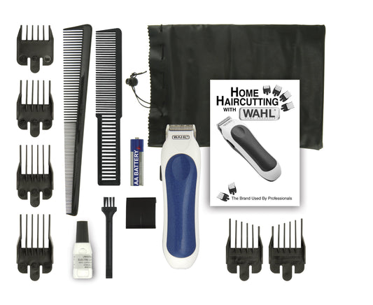 White Smoke Wahl 9307-1101 Cordless Mini Pro 14 Piece Touch-up and Trim Haircutting Kit, White/blue