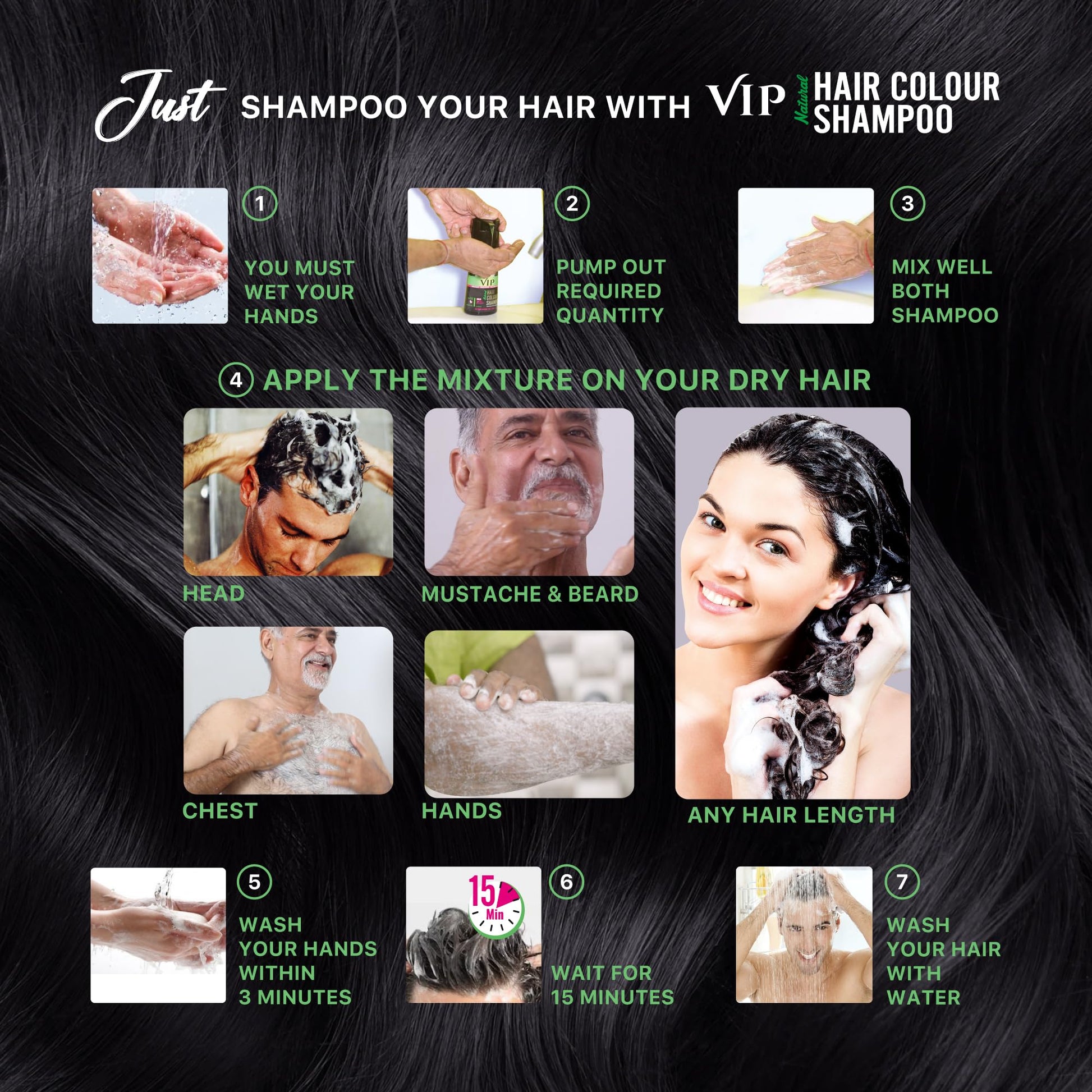 Black VIP 3 in 1 Hair Color Shampoo (180 ml / 6.08 fl oz)