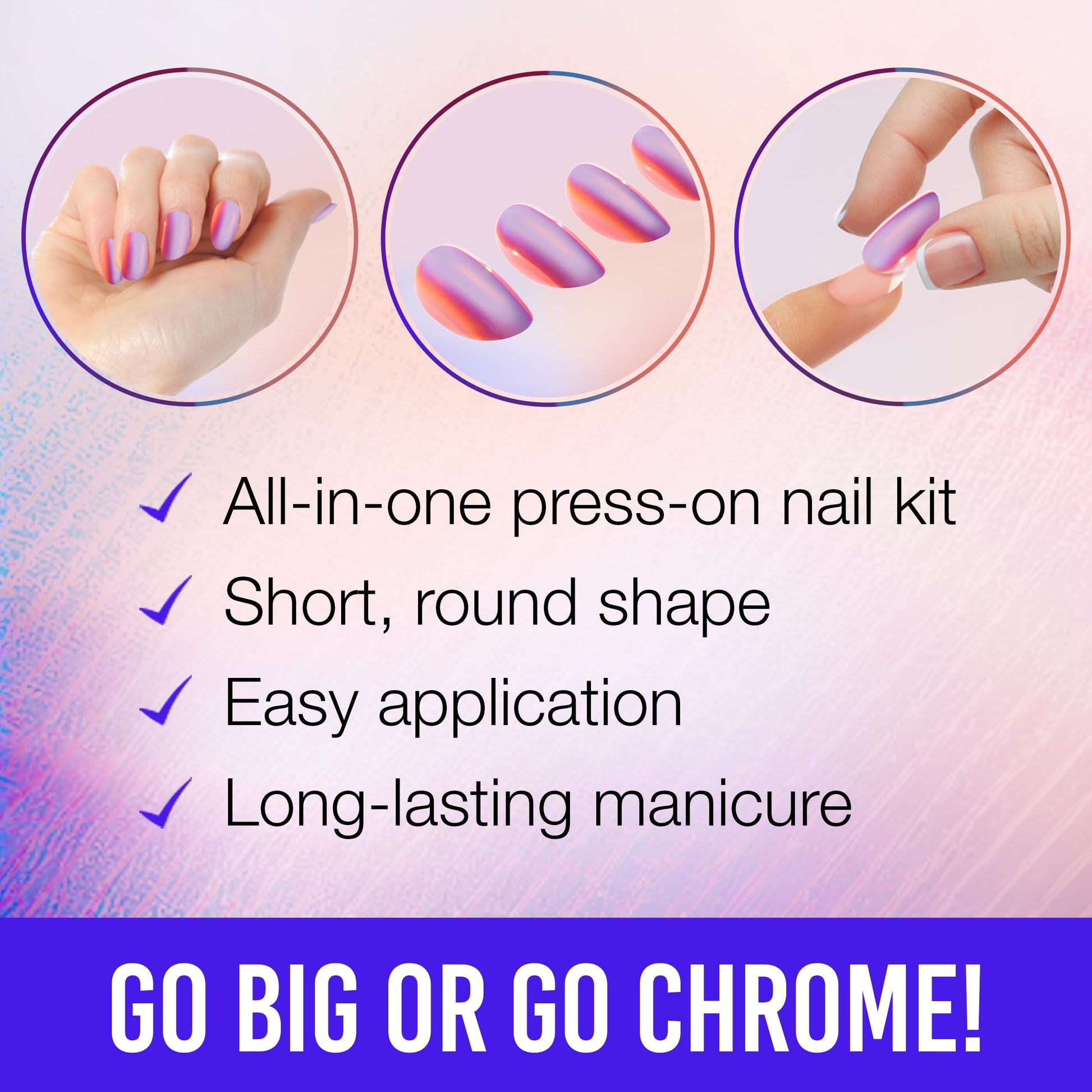 Misty Rose Ardell Nail Addict Chrome Press on Nails - Orb, Short Round Shape, All-in-One, Nail Kit, 1-Pack