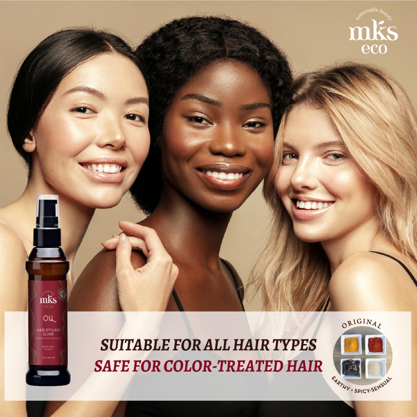 Tan MKS eco Oil, Original - 2 fl oz - Hair Styling Elixir - Moroccan Argan Oil, Hemp Seed Oil - Moisturize & Nourish Hair, Control Frizz, Increase Smoothness - Vegan & Cruelty Free