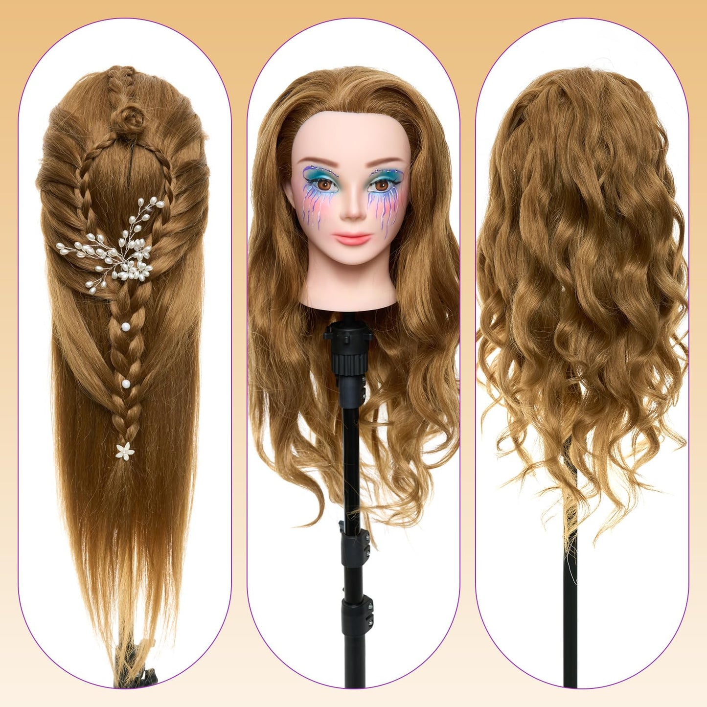 White Smoke Mannequin Head with 80% Real Human Hair with Tripod Stand - 28" Makeup Cosmetology Manikin Doll Head for Hair Styling, Hairdressing Training Head for Braiding Practice Suitable for Hair Extensions