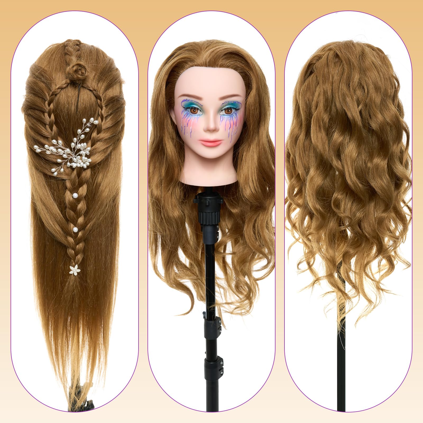 White Smoke Mannequin Head with 80% Real Human Hair with Tripod Stand - 28" Makeup Cosmetology Manikin Doll Head for Hair Styling, Hairdressing Training Head for Braiding Practice Suitable for Hair Extensions