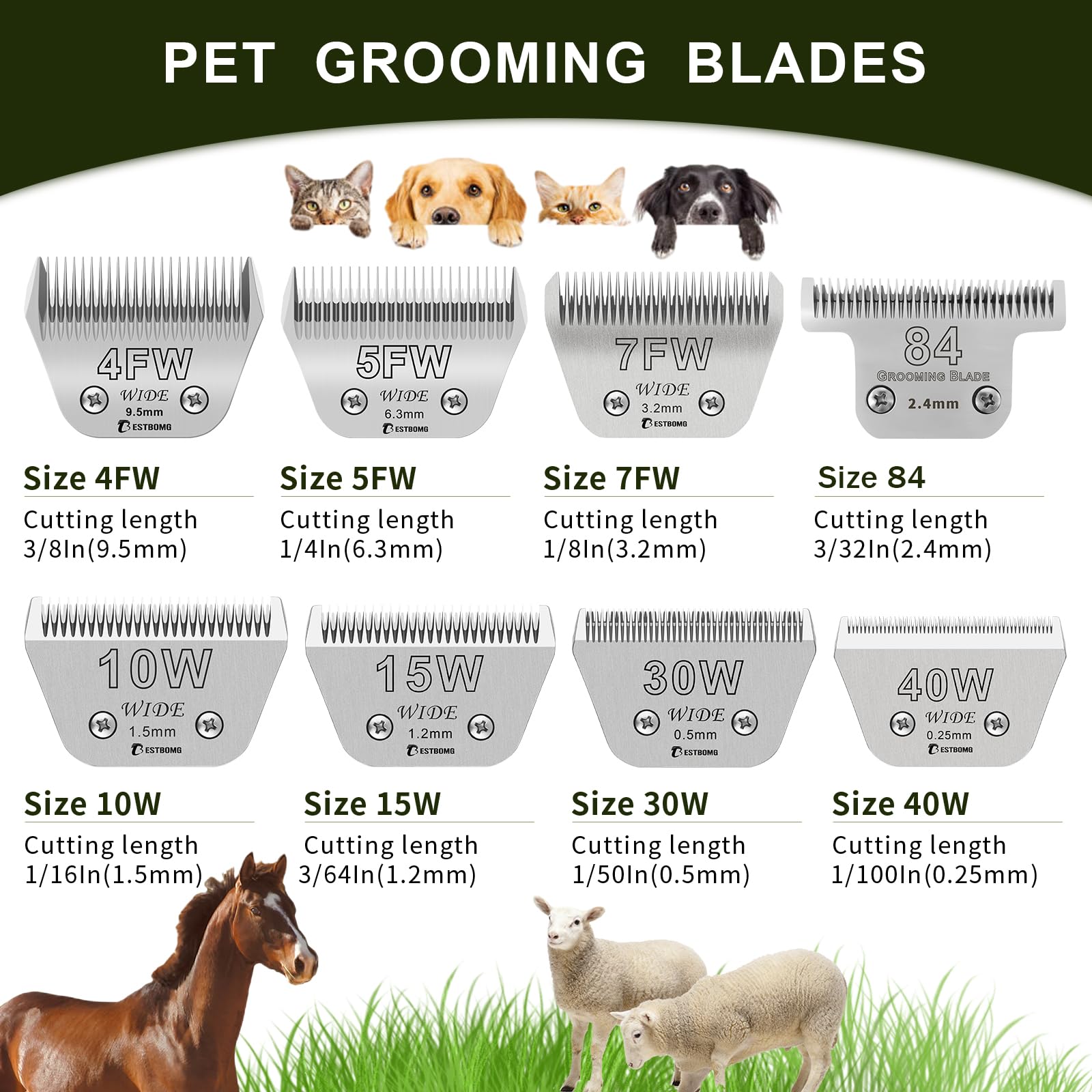 White Smoke Size 30W+10W+7FW+5FW+4FW Wide Detachable Pet Dog Grooming Blades Kit,Compatible with Andis,Oster A5,Wahl km10 Clippers,5 Pack