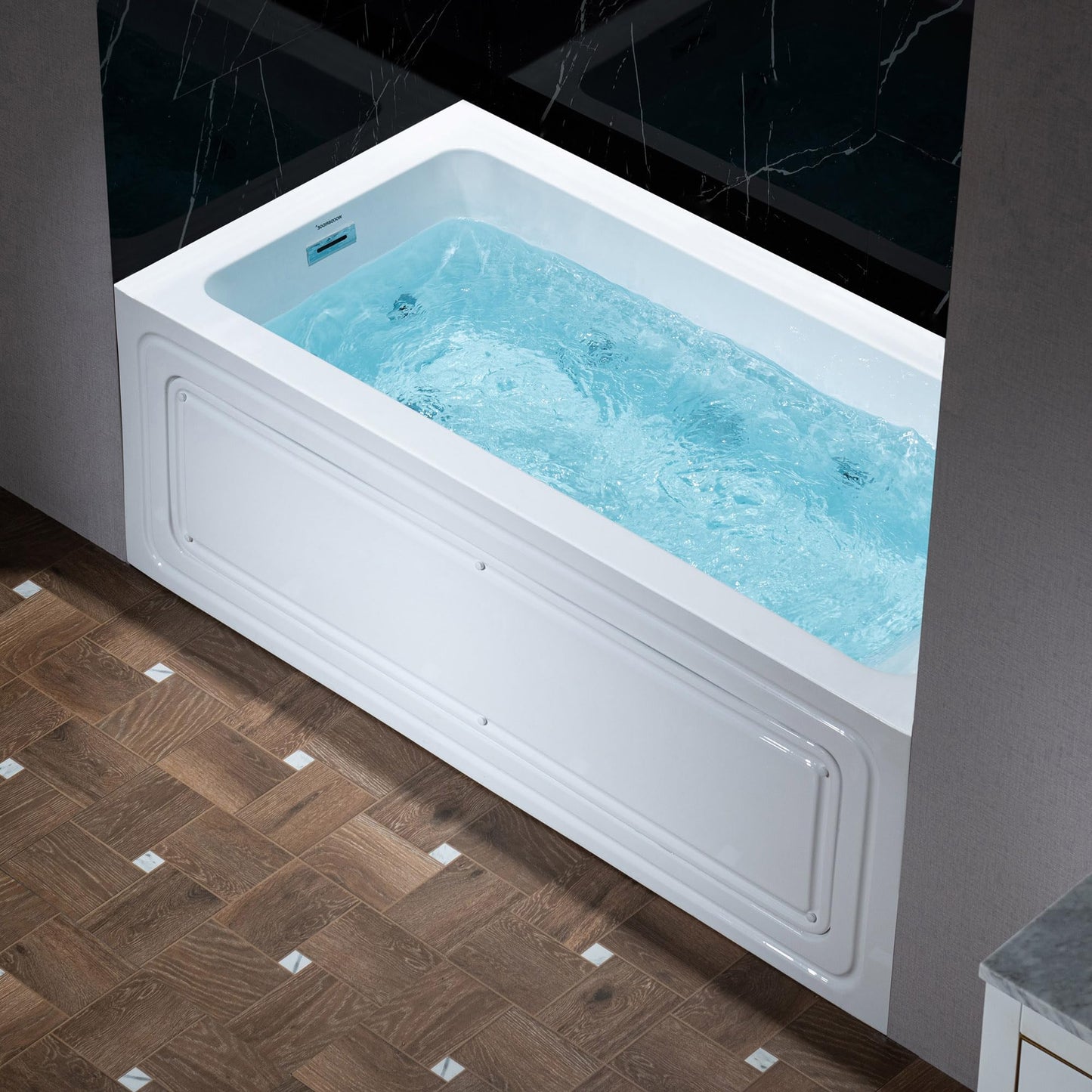 Black WOODBRIDGE 60" x 32" Alcove Acrylic Rectangular Whirlpool Heated Jetted Tub in White with Left Drain, Polished Chrome Finish Trim and Drain Kit Included, BS429-L-CH01