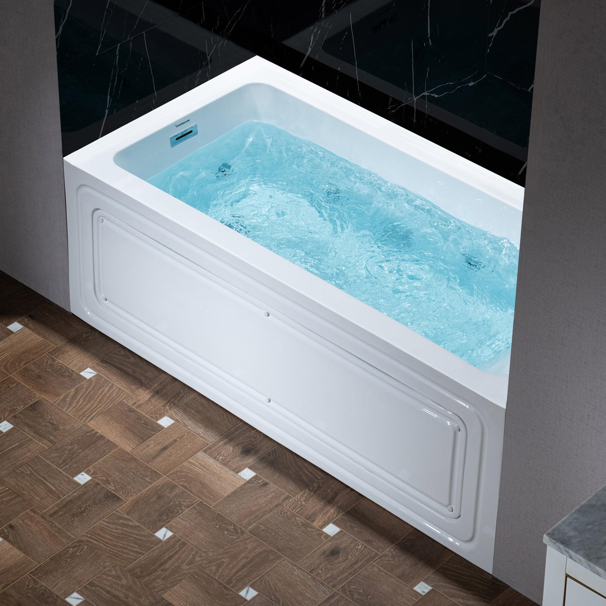 Black WOODBRIDGE 60" x 32" Alcove Acrylic Rectangular Whirlpool Heated Jetted Tub in White with Left Drain, Polished Chrome Finish Trim and Drain Kit Included, BS429-L-CH01
