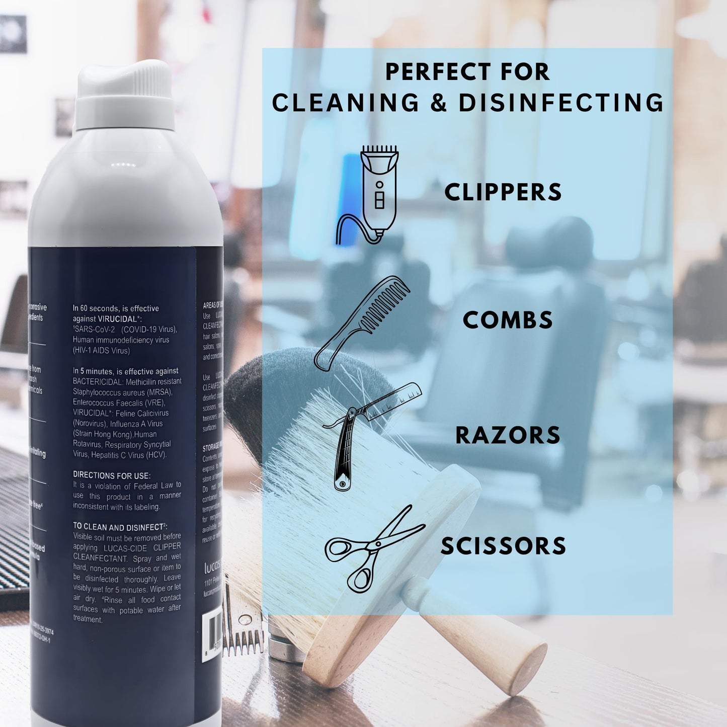 Light Blue LUCAS-CIDE Clipper Cleaner Disinfectant and Lubricating Spray for Clippers and Blades - 16 Fl Oz