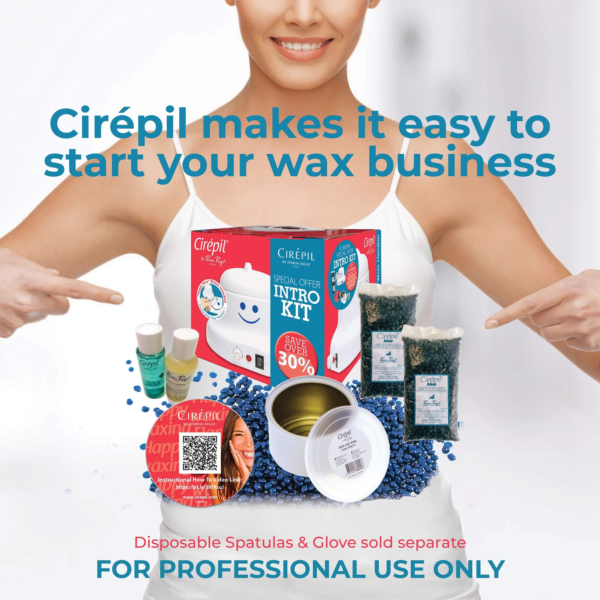 White Smoke Cirepil - Intro Waxing Kit - Professional Hard Wax Kit for Hair Removal - Includes Happy Heater, Original Blue Wax Beads, Pre & Post Care - DIY Salon Results for Sensitive Skin, Brazilian & Body