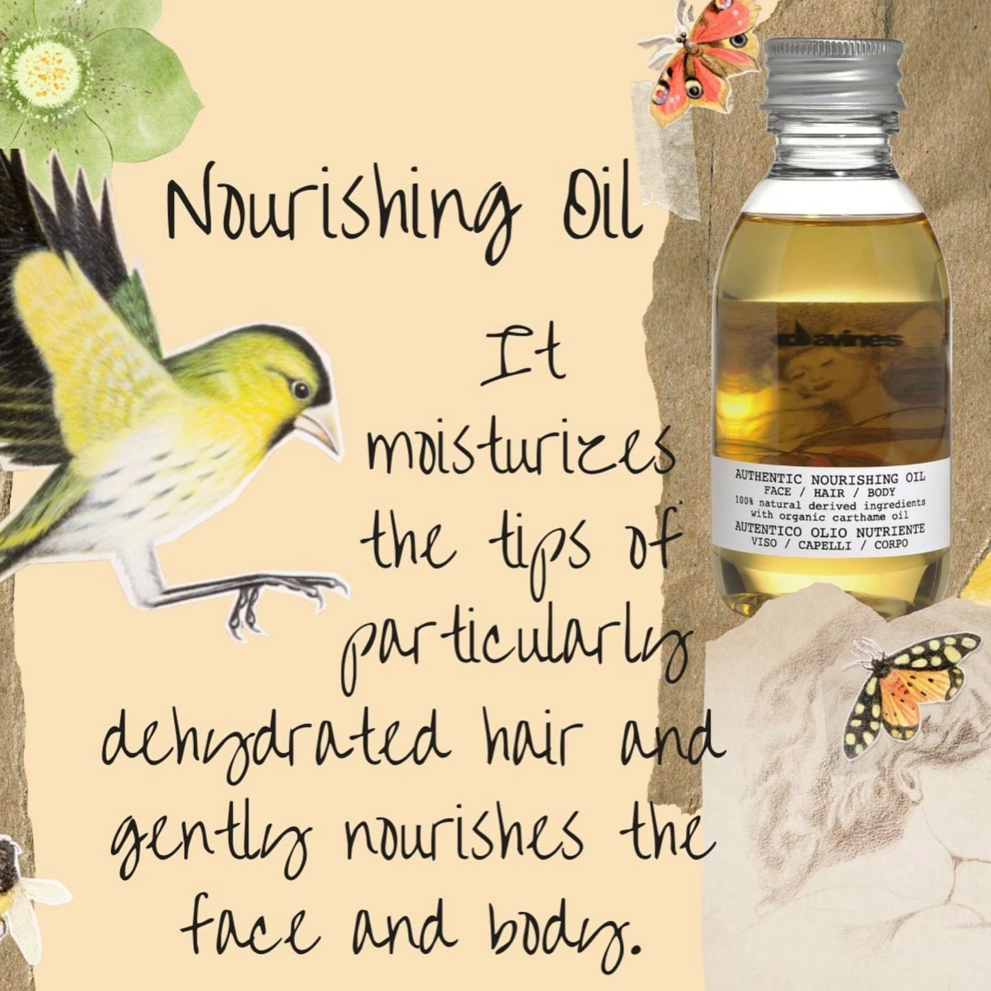 Wheat Davines Authentic Nourishing Oil, Multi-Functional Oil for Face, Hair & Body - 100% Natural Organic Safflower Formula - Hydrates, Softens & Adds Shine, 4.73 Fl Oz
