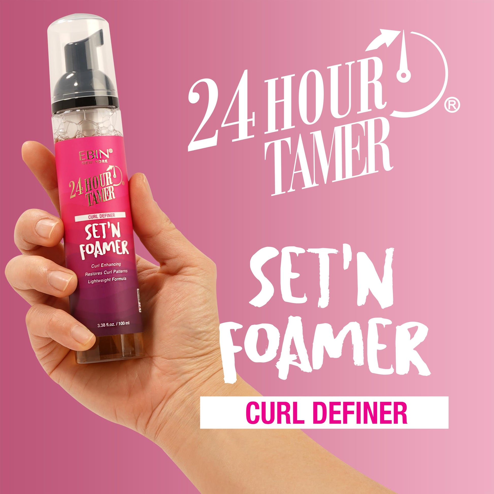 Light Pink 24 Hour Tamer Set'n Foamer Curl Definer 3.38oz/ 100ml - Define Curls & Waves, Enhance Volume & Shine, Soft Finish with Lightweight Texture, Restoring Curl Patterns, Nourishes Curls, No Flake