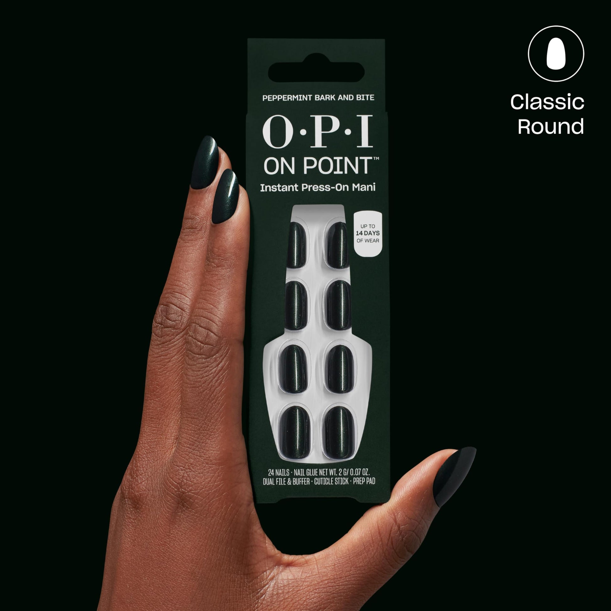 Black OPI On Point Peppermint Bark and Bite | Short Round Dark Green Silver Shimmer Press On Nails | 24 Count with Nail Glue | Long Lasting, Reusable, Non-damaging | Fall 2025 Shades