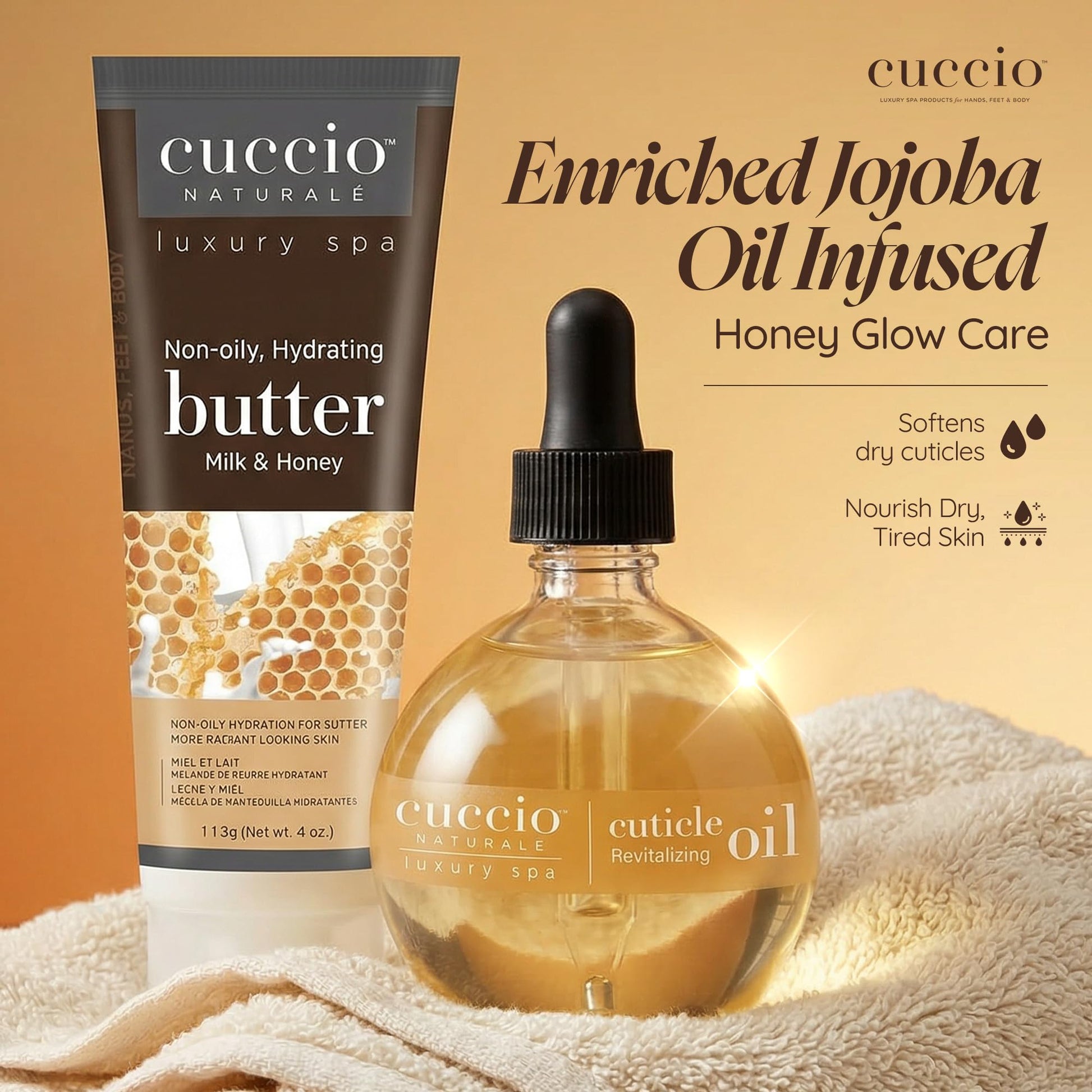 Sandy Brown Cuccio Naturale Luxury Spa Hydration Essentials Set - Provides Nourishing Hydration - Soothes And Softens The Skin - Delivers A Relaxing Feeling - Milk And Honey - 2 Pc Body Butter And Cuticle Oil