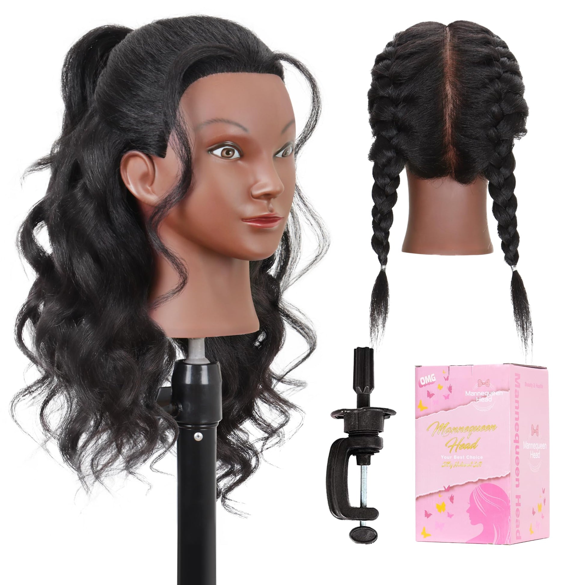 White Smoke Mannequin Head with Human Hair 16" Cosmetology Manikin Doll Head 100% Real Human Hair for Styling Hairdresser Practice Braiding with Free Clamp Holder