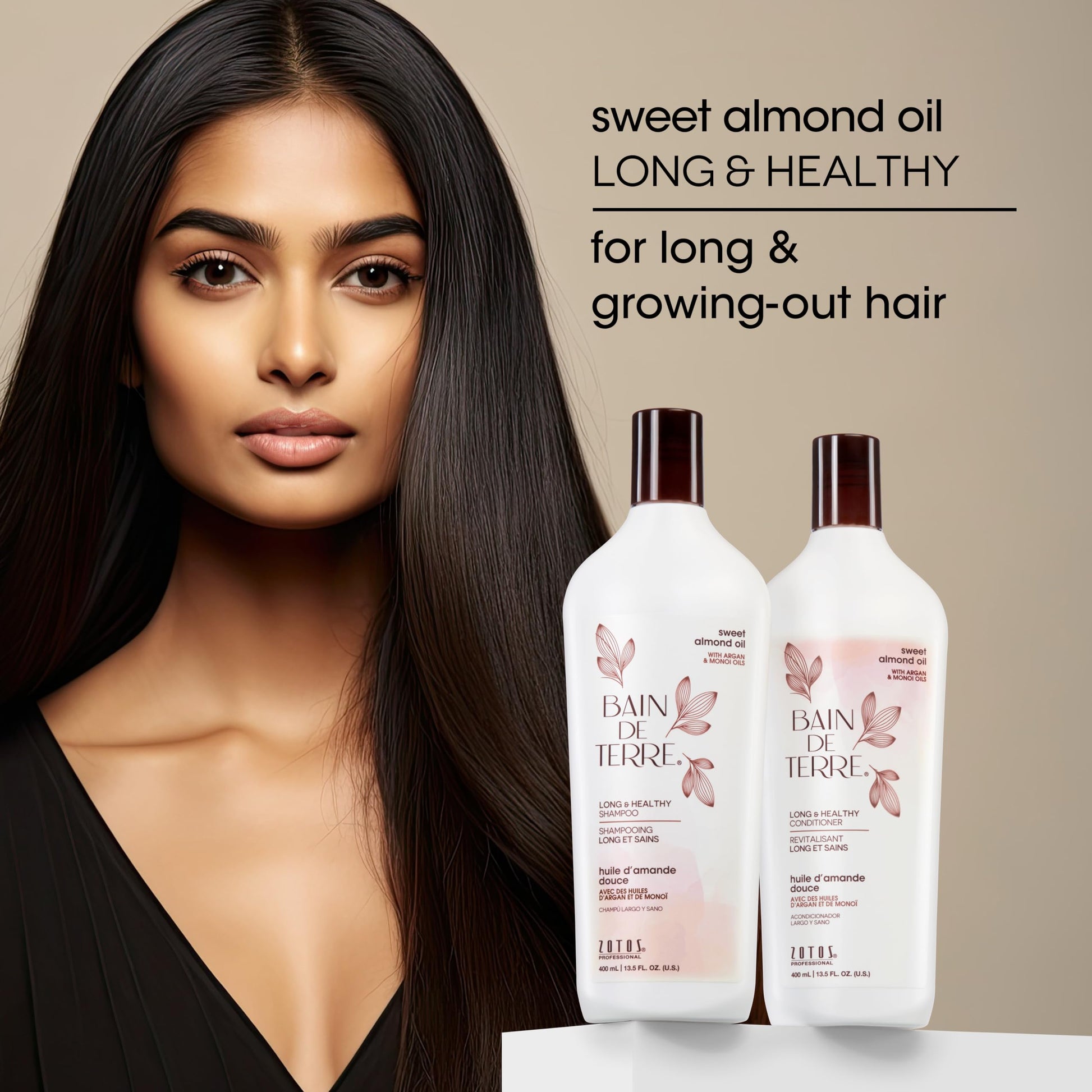 Dark Gray Bain de Terre Sweet Almond Oil Long & Healthy Conditioner, Strength & Protection for Weak, Damaged Hair, with Argan & Monoi Oils, Paraben-Free, Color-Safe, Vegan, 13.5 Fl Oz