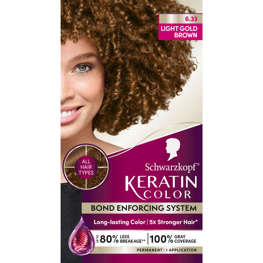 Saddle Brown Schwarzkopf Keratin Permanent Hair Dye Cream, 6.33 Light Gold Brown, Professional Quality Color for Up to 100% Gray Coverage, Bond Enforcing System