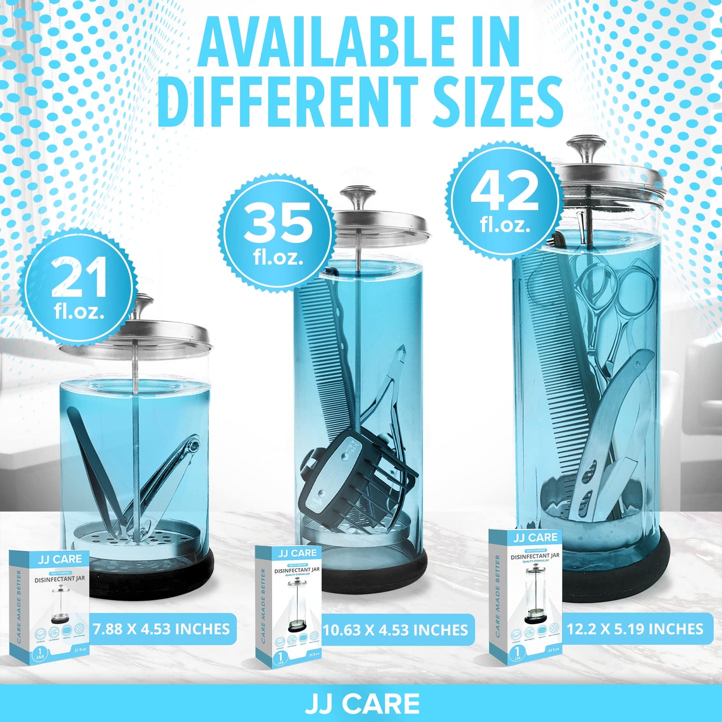White Smoke JJ CARE Disinfectant Jar (35oz) - Barber Disinfectant Jar Glass, Sanitizer Container w/Stainless Steel Removable Strainer & Cap for Manicure, Salon, Spa and Barber Tools - Silver Lid
