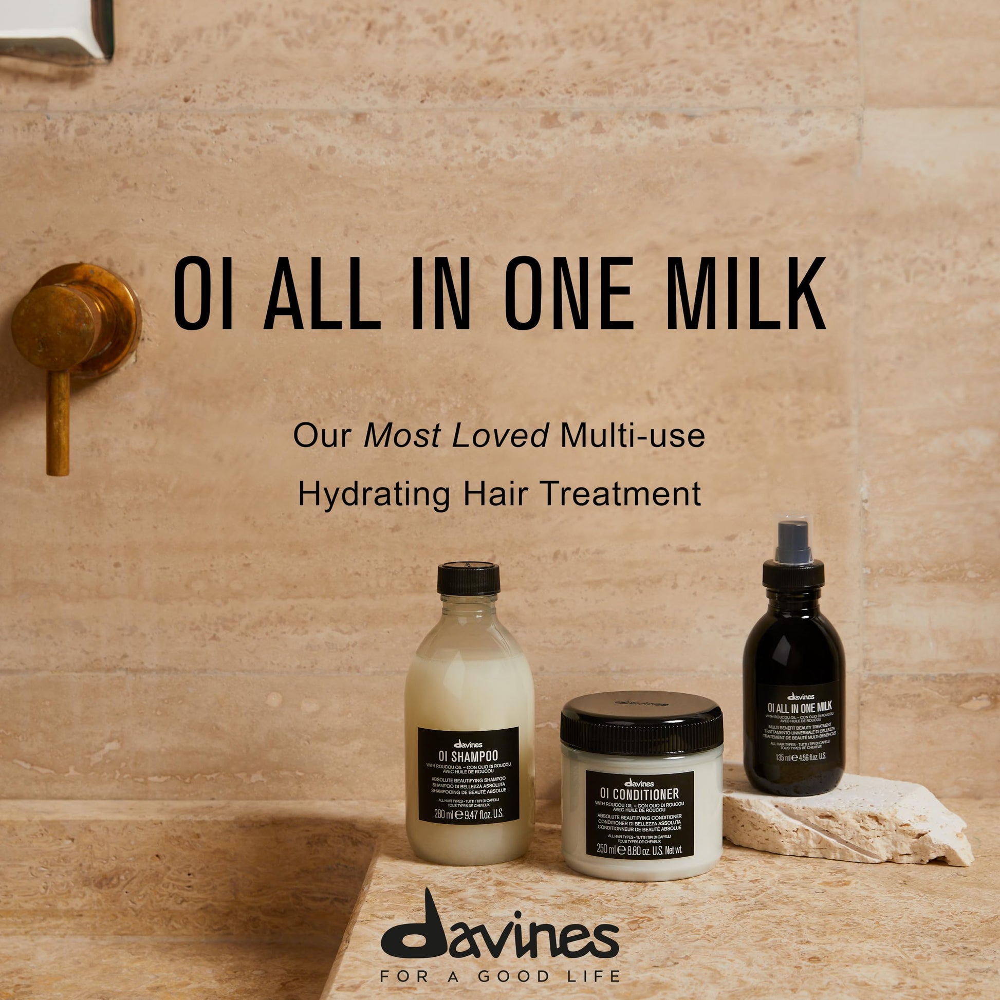 Tan Davines OI All In One Milk, Hair Leave-in Milky Conditioner Multi-Function Spray Treatment - Detangles, Controls Frizz & Heat Protectant - Weightless Antioxidant Roucou Oil Formula, 4.56 Fl Oz