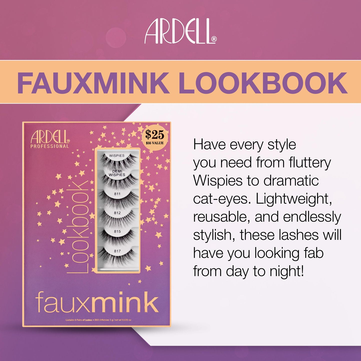 Lavender Blush Ardell Faux Mink Wispy False Eyelashes Lookbook Lash Set – Natural Look Wispy Lashes Strip (Demi Wispies, 811, 812, 815, 817) with Lash Adhesive, 6 Pairs, 1 Pack