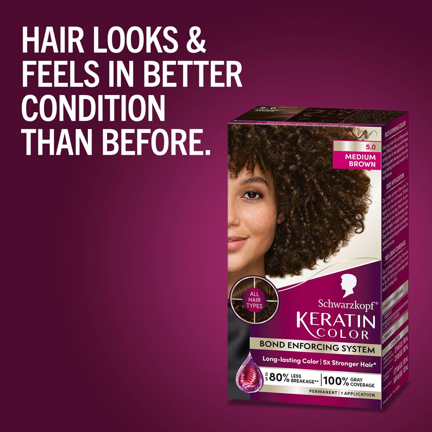 Dark Red Schwarzkopf Keratin Permanent Hair Dye Cream, 5.0 Medium Brown, Professional Quality Color for Up to 100% Gray Coverage, Bond Enforcing System