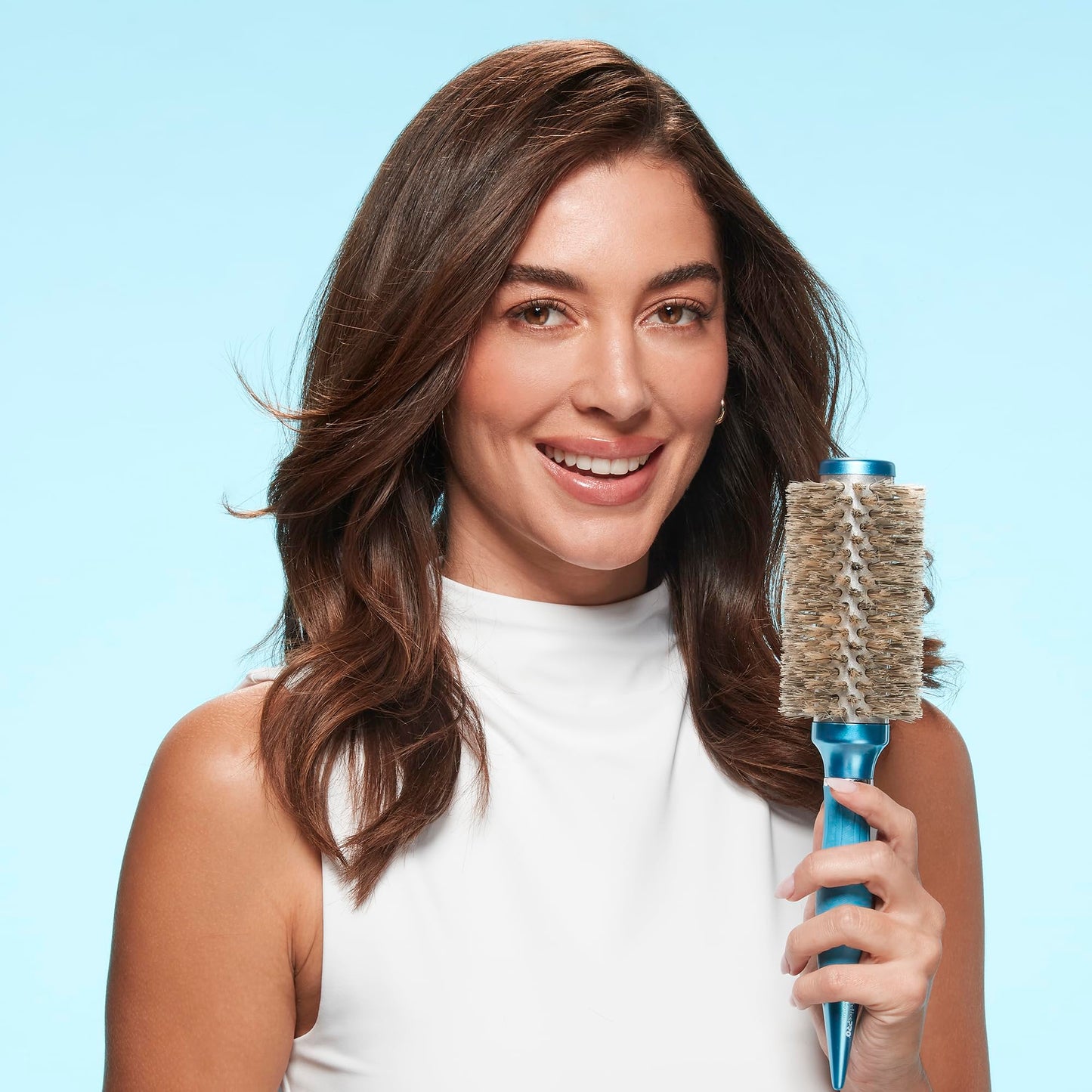 Light Cyan BaBylissPRO Nano Titanium 1.3" Boar Bristle Round Hair Brush – Professional Styling Brush for Shine & Smoothness – Thick and Textured Hair for Silky, Frizz-Free Shine