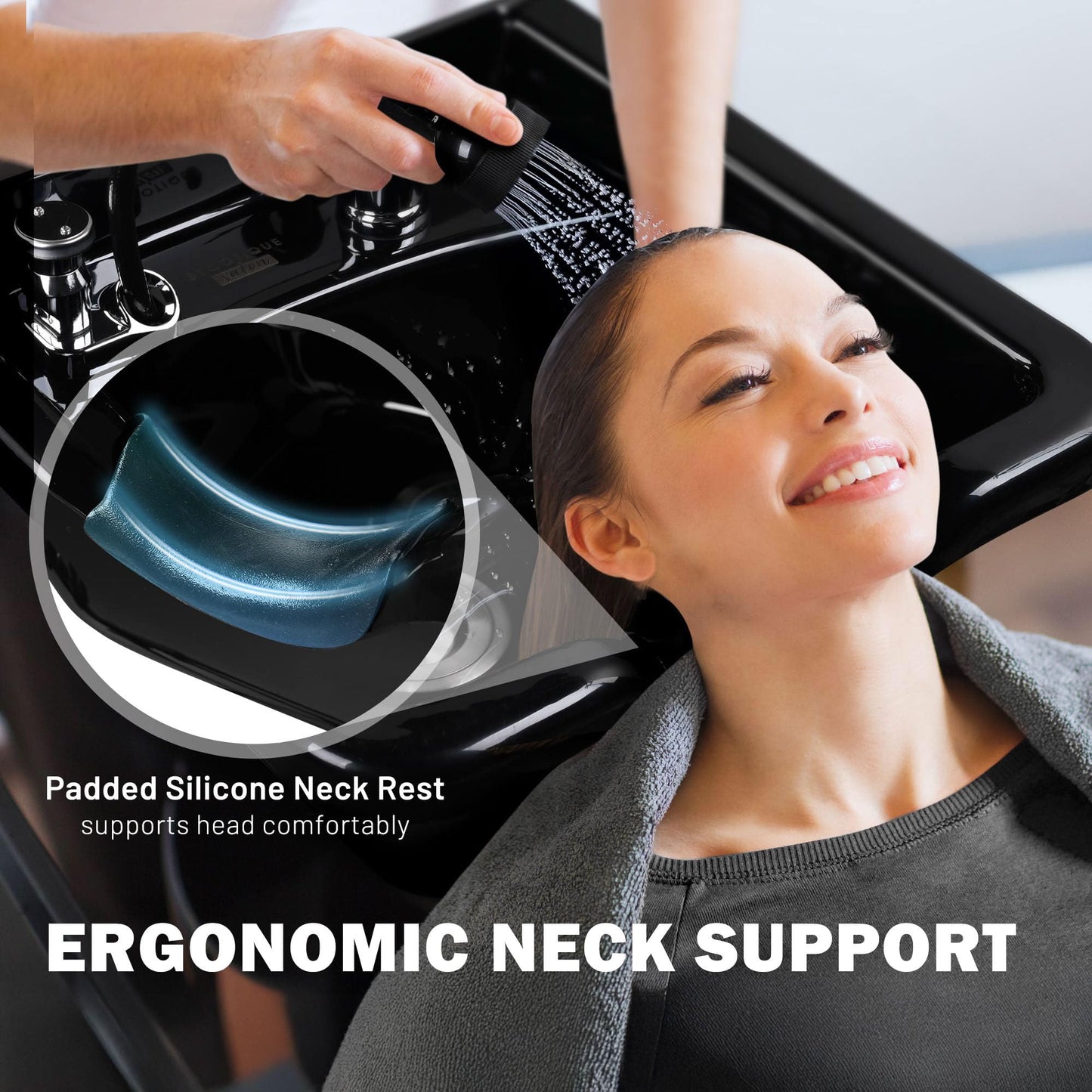 Black BYOOTIQUE Shampoo Bowl Hair Sink with Gel Neck Rest Hair Trap CUPC Vacuum Breaker Barber Salon Spa Mounting Ability for Home Barbershop