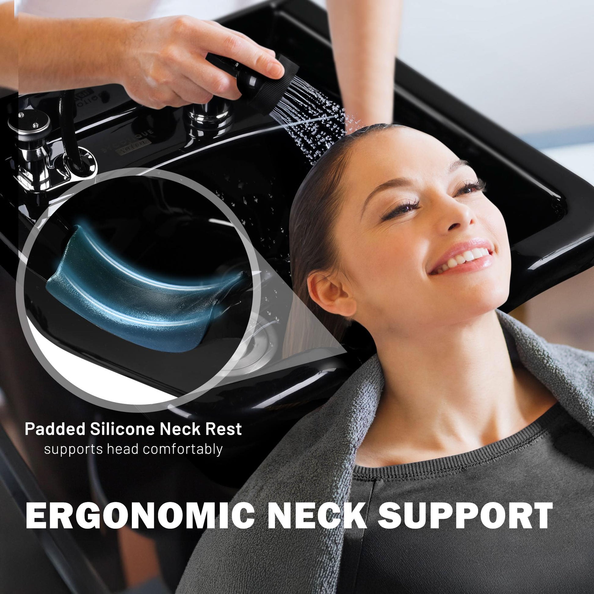 Black BYOOTIQUE Shampoo Bowl Hair Sink with Gel Neck Rest Hair Trap CUPC Vacuum Breaker Barber Salon Spa Mounting Ability for Home Barbershop