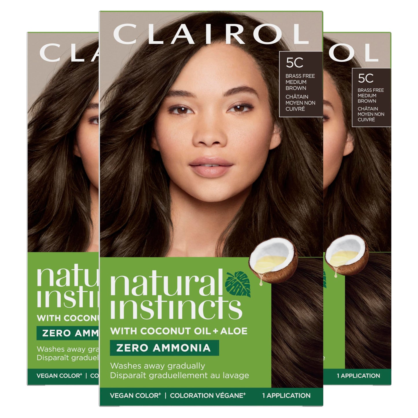 Black Clairol Natural Instincts Demi-Permanent Hair Dye, 5C Brass Free Medium Brown Hair Color, Pack of 3