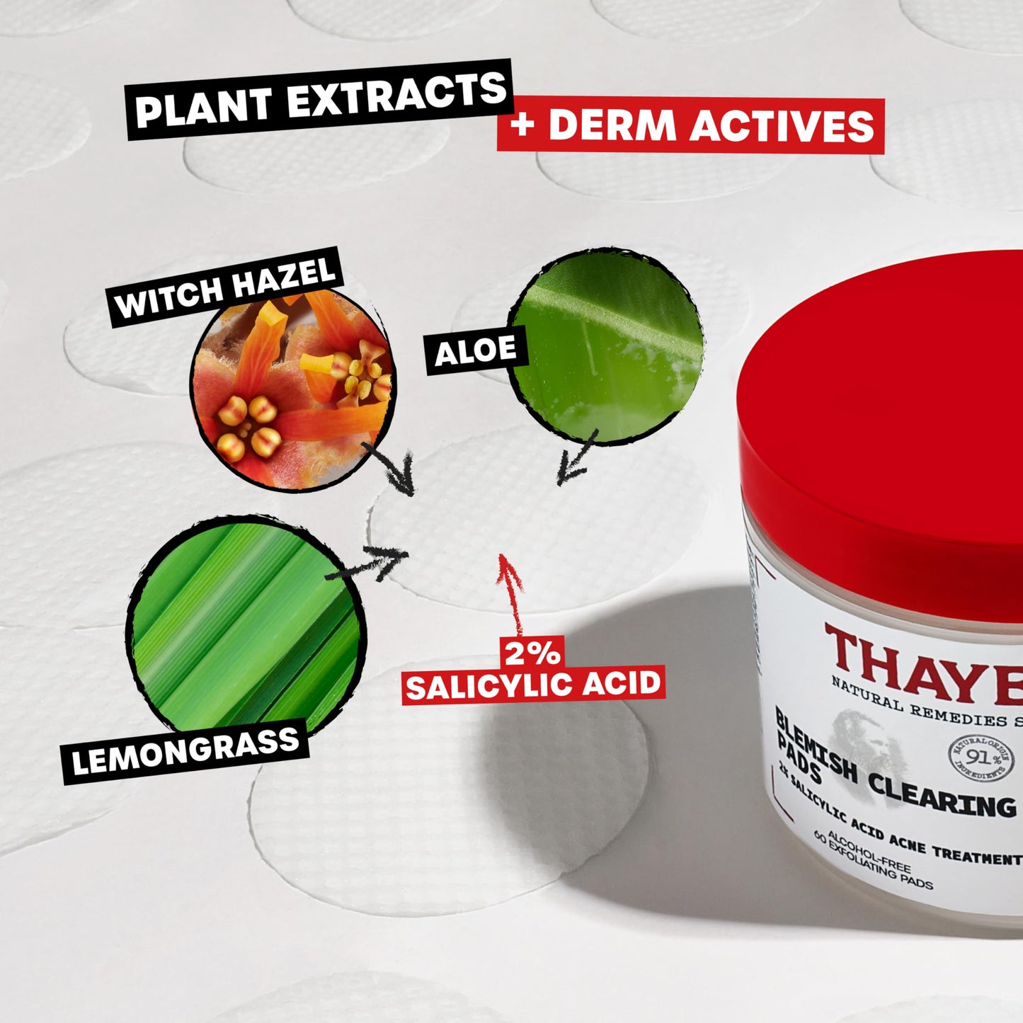 Lavender Thayers Blemish Clearing Acne Pads, Salicylic Acid Acne Treatment, Pore Reducing, Exfoliating, and Soothing Toner Pads, 60 Ct + Invisible S.O.S Hydrocolloid Acne Pimple Patch, Ultra-Thin, 22 Patches