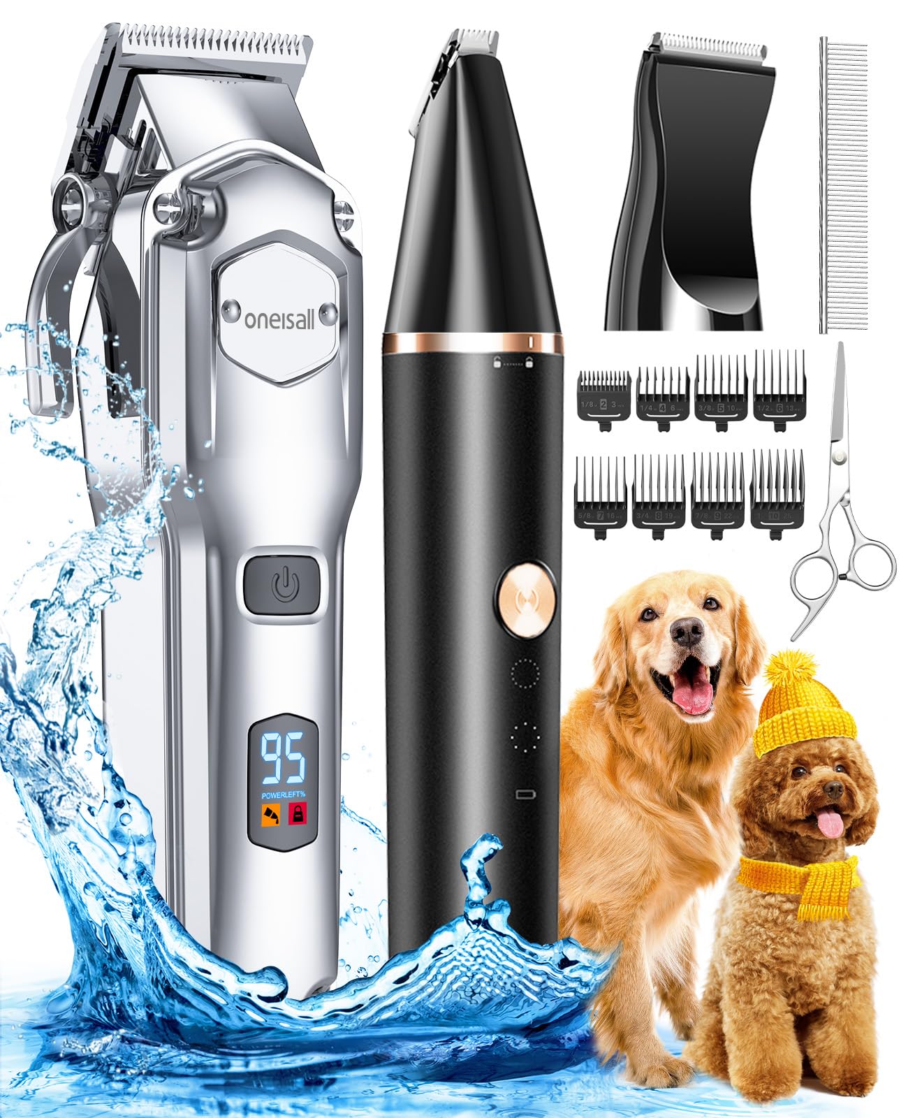 White Smoke oneisall Dog Grooming Kit for Heavy Thick Hair&Coats/Low Noise Rechargeable Cordless Waterproof Dog Clippers for Grooming Animals&Pets/Pet Shaver with Stainless Steel Blade and Paw Trimmer