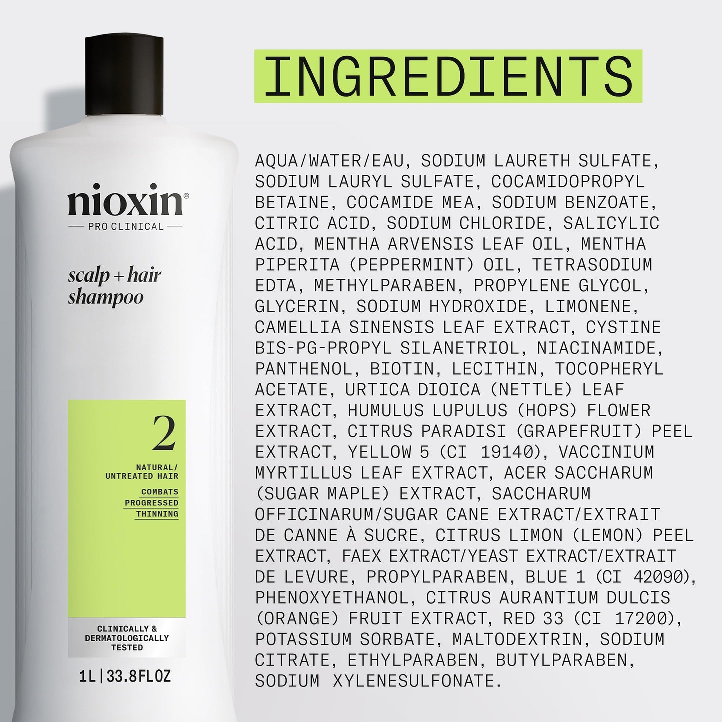 Gray Nioxin Scalp + Hair Thickening System 2 Shampoo| For Natural or Untreated Hair with Progressed Thinning| With Niacinamide and Biotin| 33.8 Fl oz.