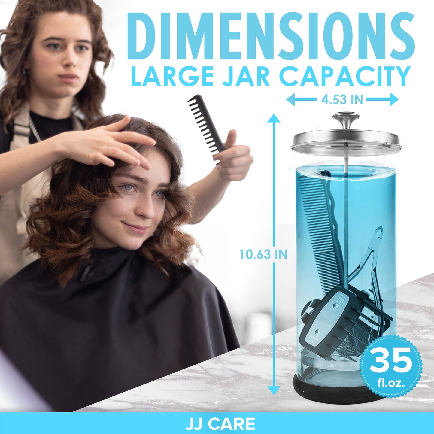 White Smoke JJ CARE Disinfectant Jar (35oz) - Barber Disinfectant Jar Glass, Sanitizer Container w/Stainless Steel Removable Strainer & Cap for Manicure, Salon, Spa and Barber Tools - Silver Lid