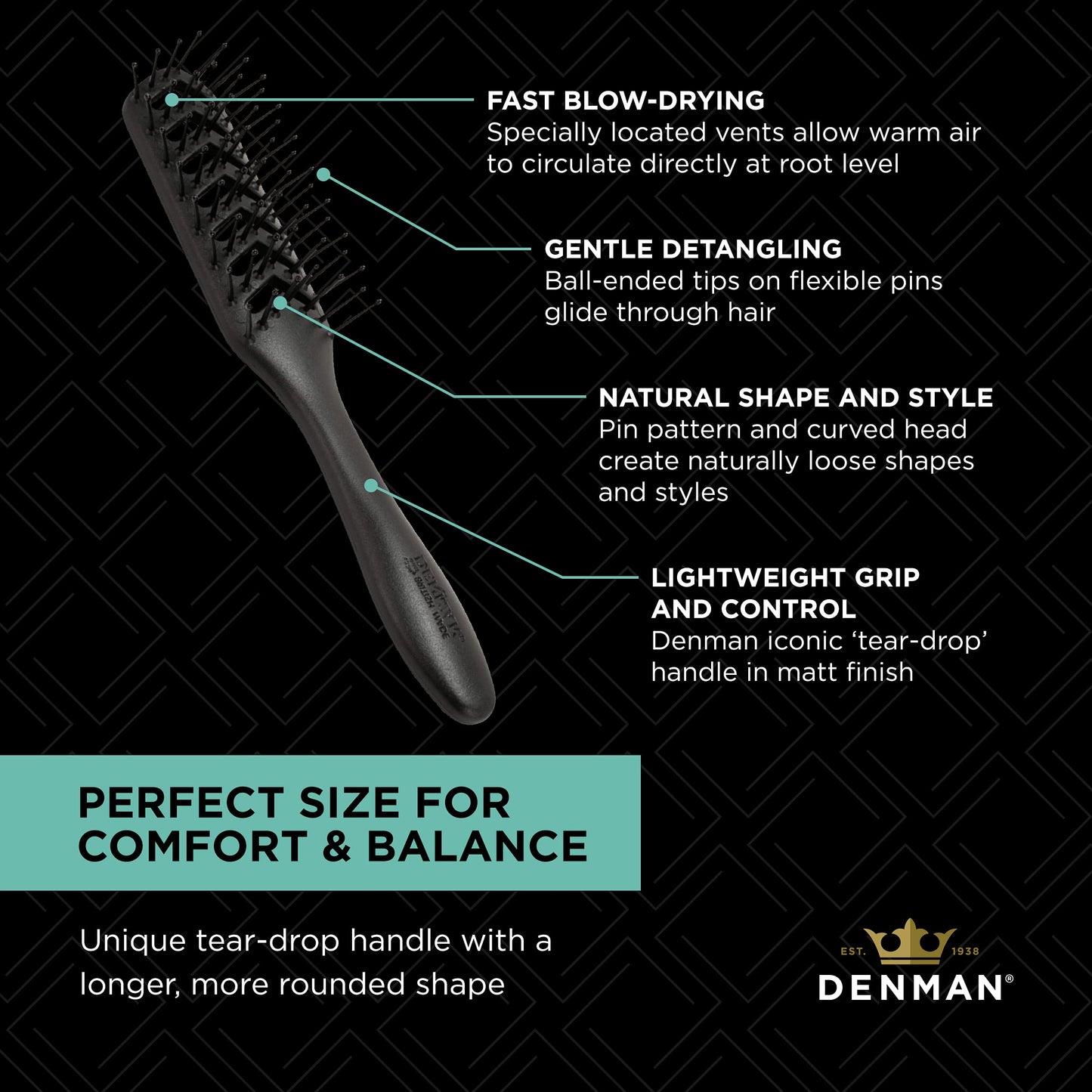 Black Denman Flexible Vent Brush D200 - Detangling Brush With Lightweight Grip & Control – Perfect For Styling During Blow-Dry & Detangling Wet & Dry Hair – Black (Pack of 1)