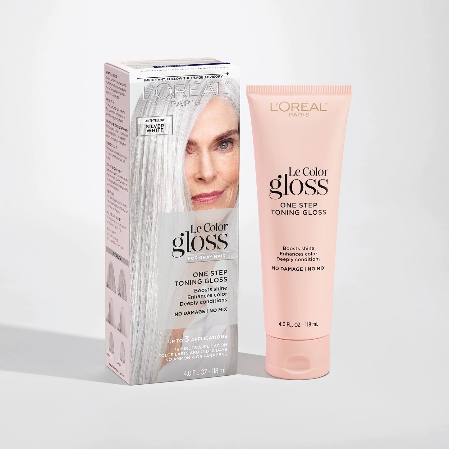 Lavender L’Oreal Paris Le Color Gloss One Step Toning Gloss, In-Shower Hair Toner with Deep Conditioning Treatment Formula for Gray Hair, Silver White, 1 Kit