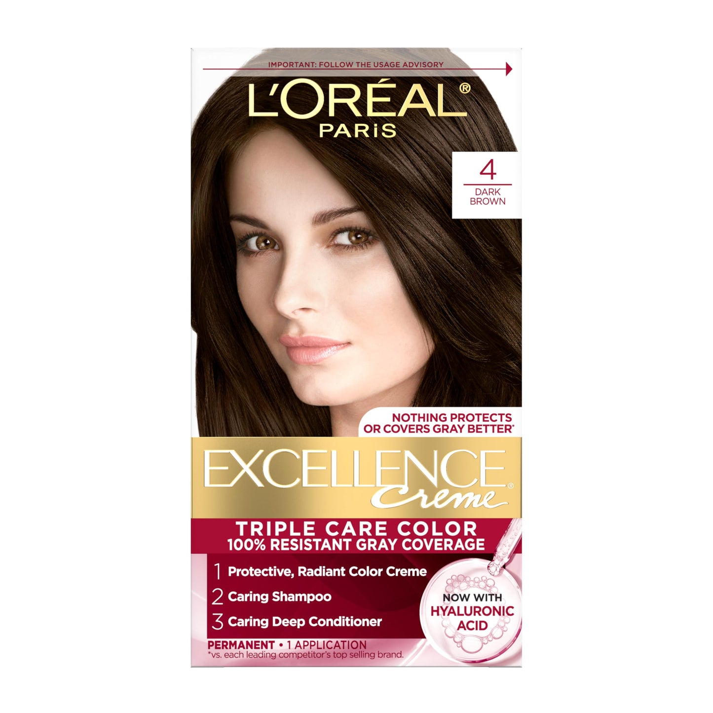Black L'Oreal Paris Excellence Crème Permanent Hair Dye, Triple Care Hair Color with Hyaluronic Acid for 100% Gray Coverage, 4 Dark Brown, 1 Kit (Packaging May Vary)